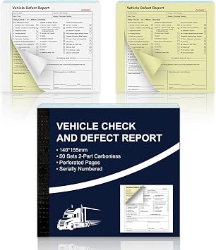 1 Pack Vehicle Check and Defect Report Books 2 Part 50 Sets Carbonless Duplicate Pages Continuous numbering Car Service Booklet for HGV LGV PCV Trucks Van Lorries 250gsm Paper Cover 140 x 155mm