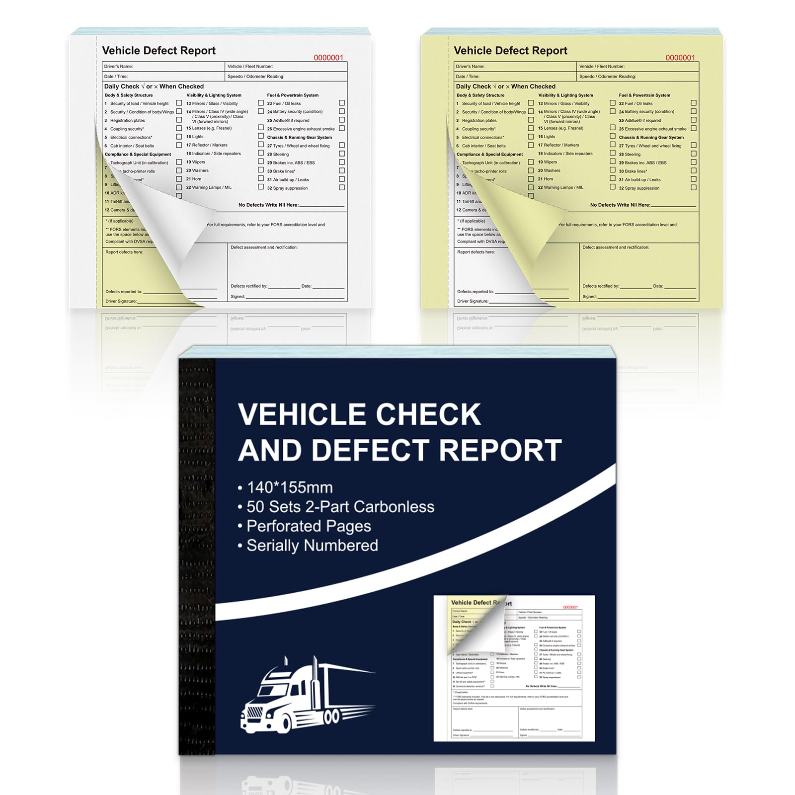 1 Pack Vehicle Check and Defect Report Books 2 Part 50 Sets Carbonless Duplicate Pages Continuous numbering Car Service Booklet for HGV LGV PCV Trucks Van Lorries 250gsm Paper Cover 140 x 155mm