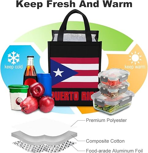 Miniatura 4 de Banderas de Puerto Rico Bolsa de almuerzo plegable aislada lonchera portátil con bolsillos para el trabajo, picnic al aire libre