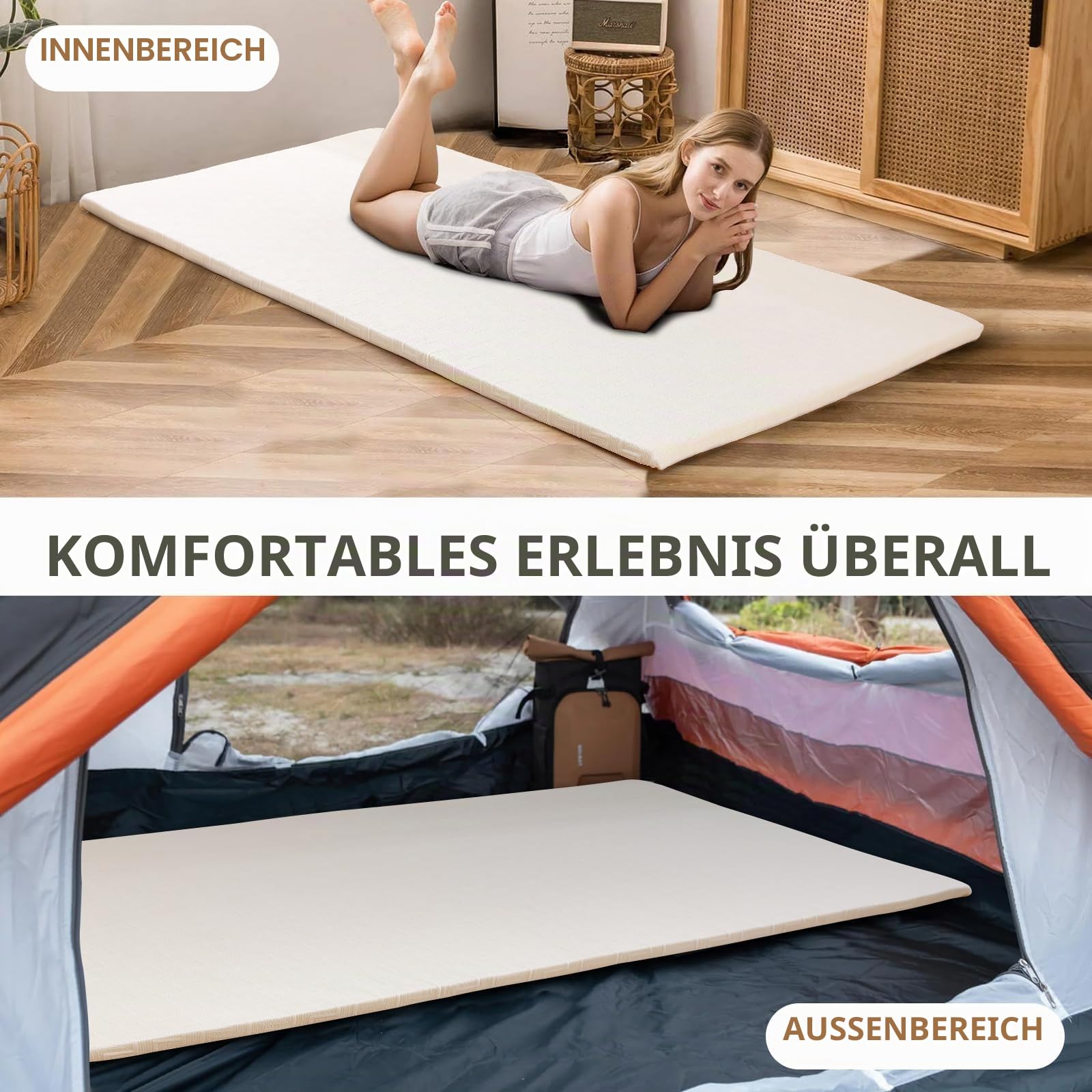 KAIHAOWIN Rollbar Camping Matratze (100 x 200 cm), Campingmatratze Schaumstoff, Klappmatratze mit Tragetasche, Futon Matratze für Camping, Reisen, Zelt, Auto, Boden und Gäste