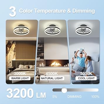 LED Ceiling Fans with Lights Remote,Reversible Bladeless Modern Ceiling Fan Lights Flush Mount 16 inch 6 Speeds 3 Color Dimmable Black Ceiling Fan Light for Bedroom