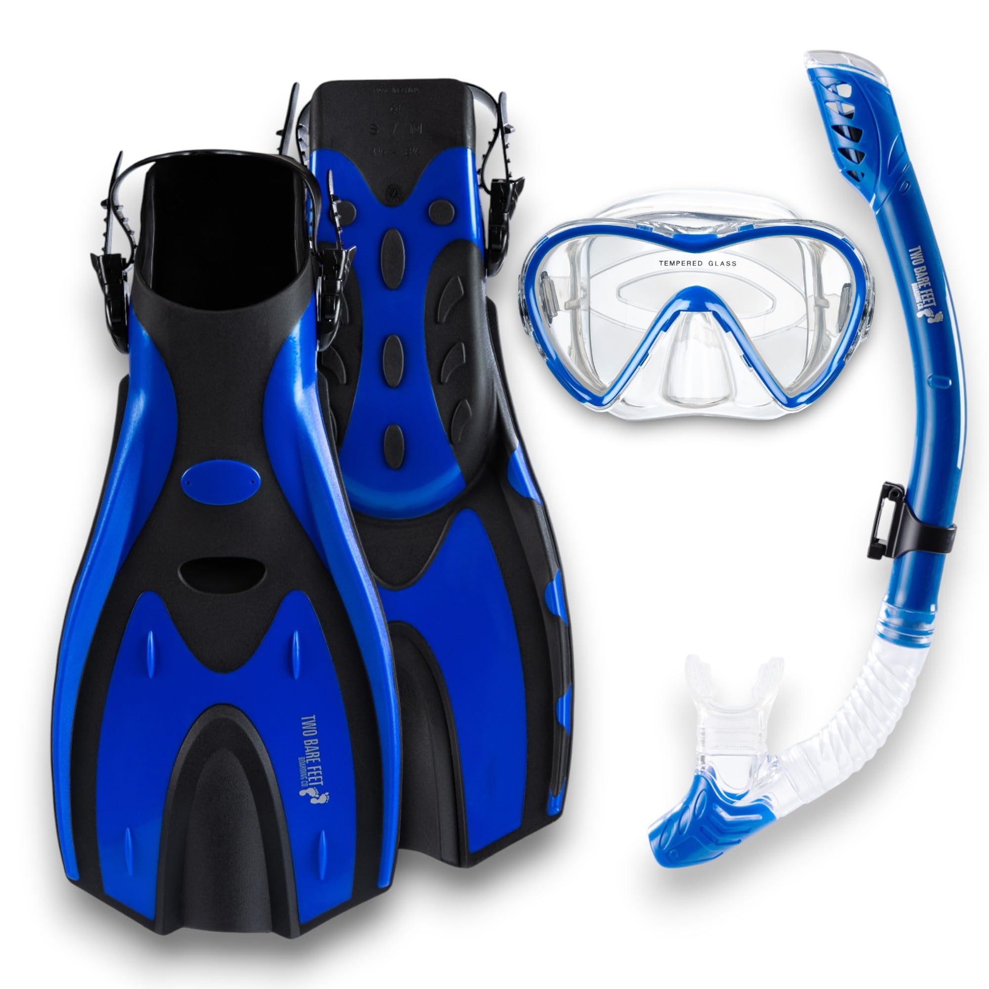 Two Bare Feet Adults 3 Piece Silicone Mask, Snorkel and Fins Diving Set, Anti Fog Anti Leak Snorkelling Set - Style 3 (Blue, Pro Dive Snorkel, L/XL UK9-13) — image 1