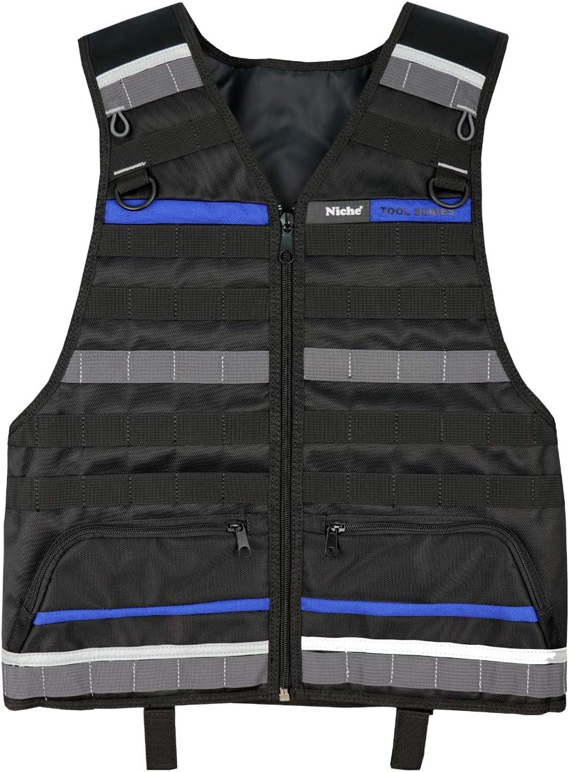 NicheWorkwear Tool Vest with Adjustable Strapes,Front Zipper, Heavy Duty and Water-repellent Reflective Vest for Construction, Electricians, Plumber, Home Repair (TL-6201)
