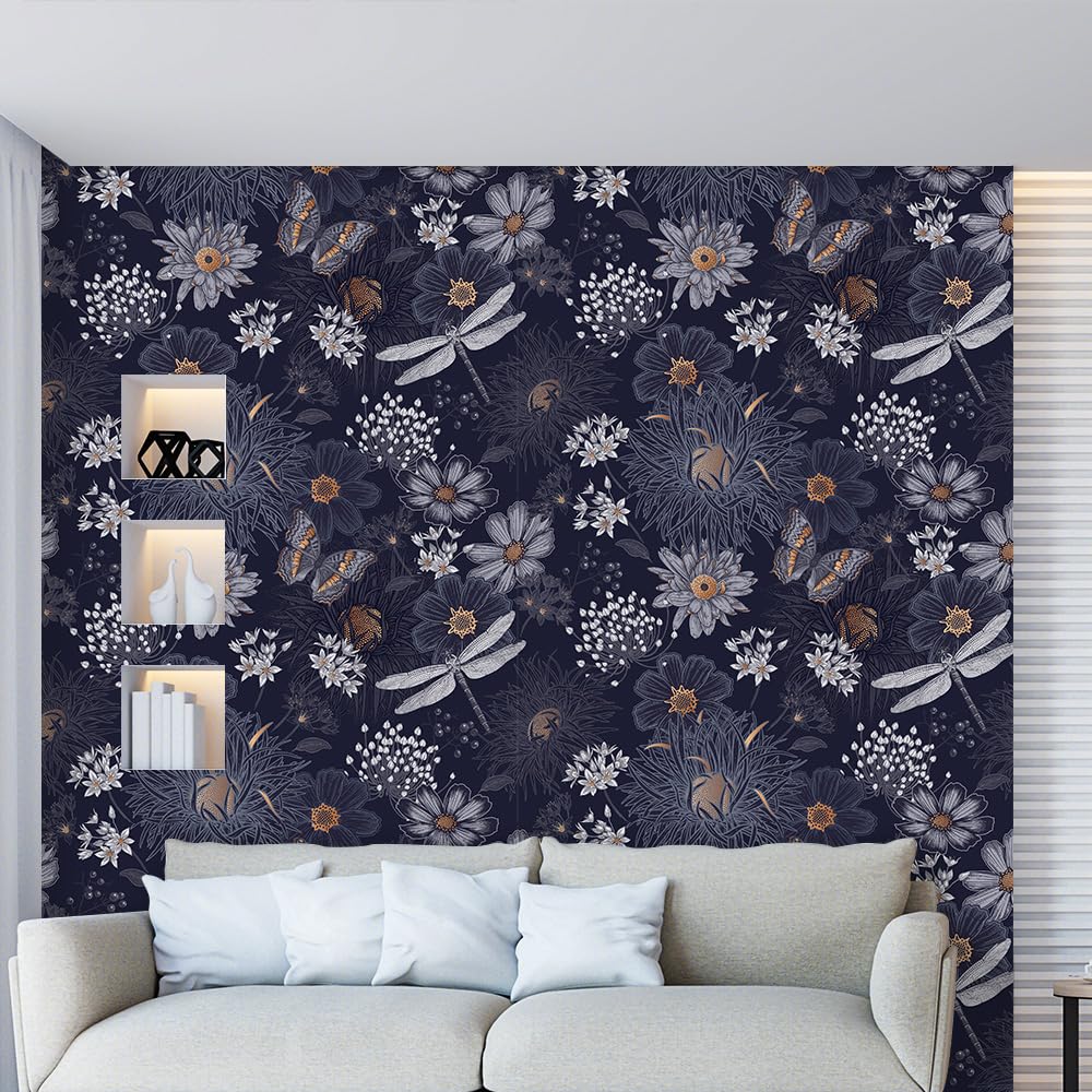 SOEWIOU Dark Floral Wallpaper, 44.5×300cm Waterproof, Cute Butterflies and Dragonflies Pattern for Home Bedroom and Kitchen Decor - Image 2
