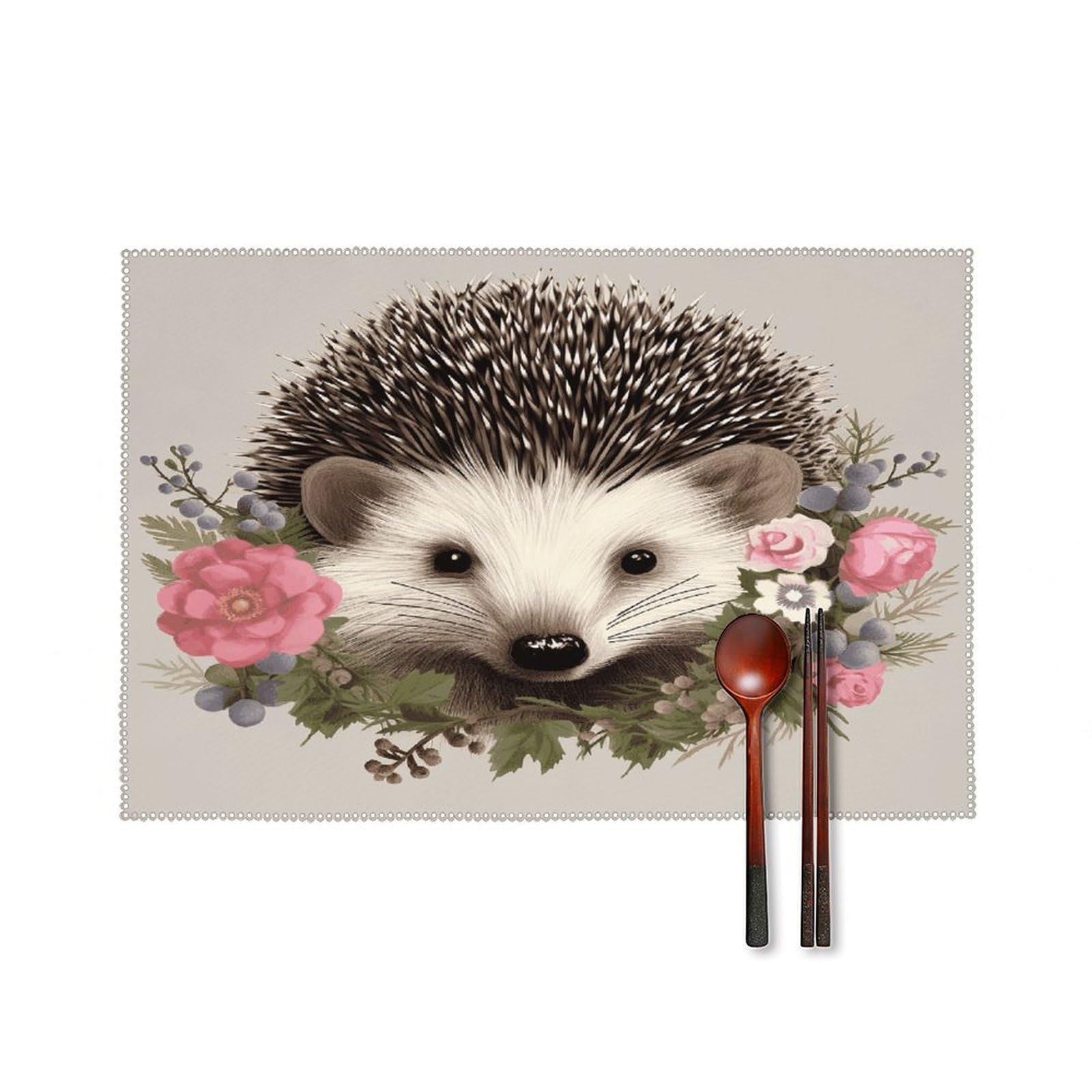 Btcowzrv Style Hedgehog In Floral Wreath Canvas Placemats Set Of 6, Wipeable Washable Place Mats For Indoor & Outdoor, Table Mat Decor For Kitchen Dining Party