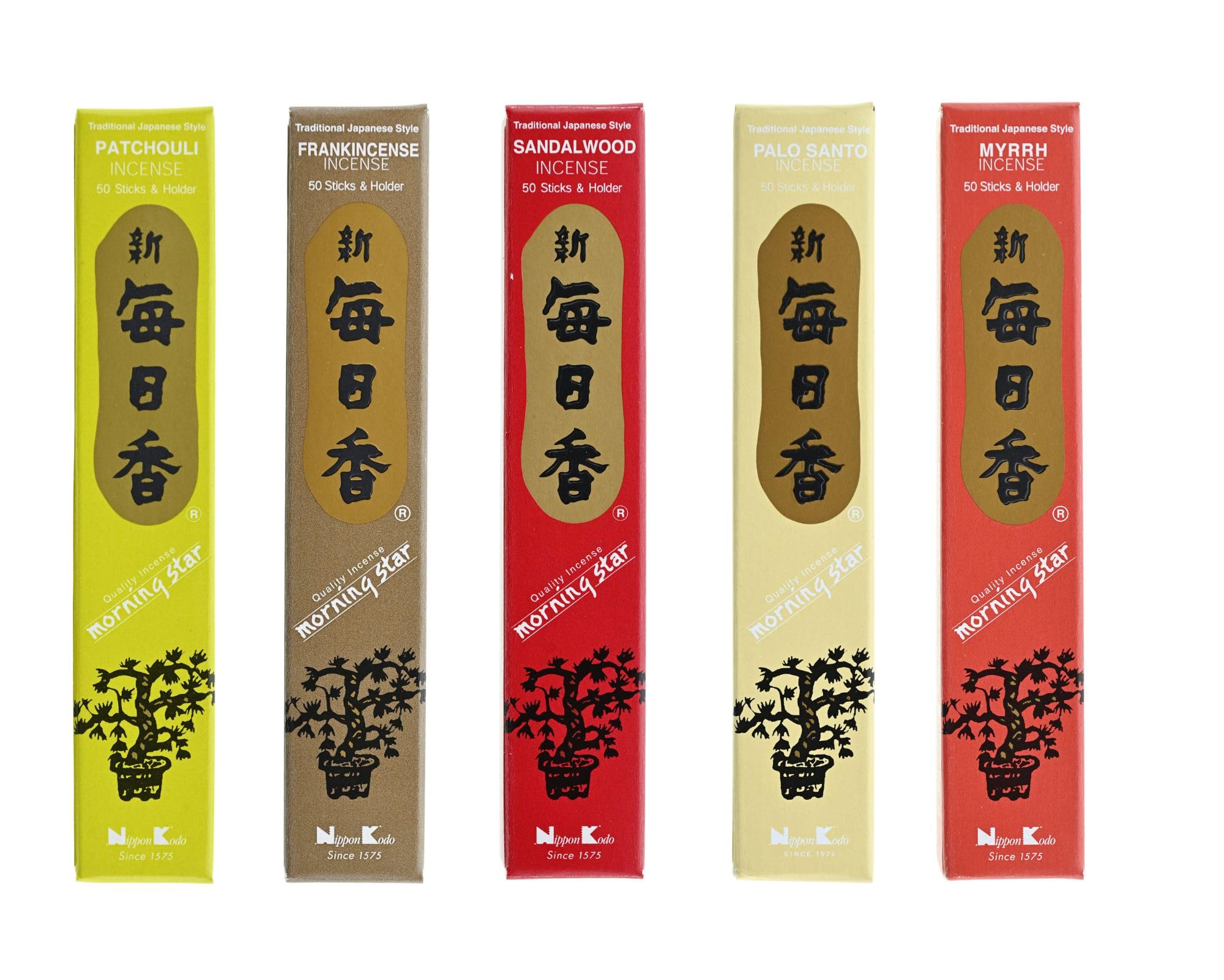 Morning Star Japanese Incense Set – 5 Scents (250 Sticks) | Sandalwood, Patchouli, Myrrh, Frankincense, Palo Santo | Meditation, Yoga, Eco-Friendly Gift for Calm & Focus