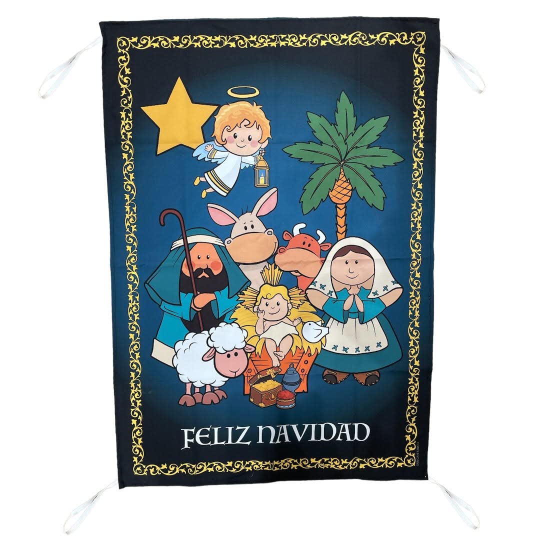 Ancestrad | Balconera Feliz Navidad | Virgen María | San José | Balconera Religiosa | Nacimiento | El niño Dios ha nacido (140x100)