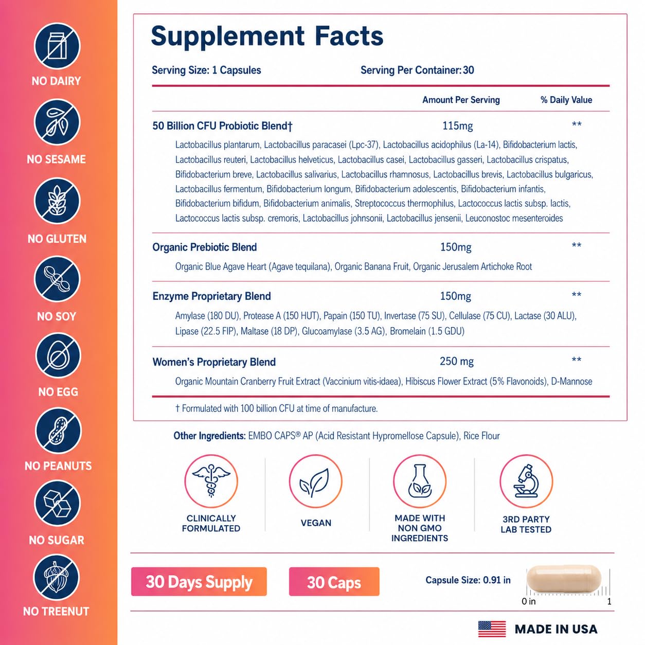 Probiotics for Women, 50 Billion CFU, 26 Unique Strains, Women's Probiotic and Prebiotics Support Digestive Health, w/ Cranberry, Hibiscus & D-Mannose for Vaginal PH Balance, Urinary, Gut (30 Caps) — Amazon image 5