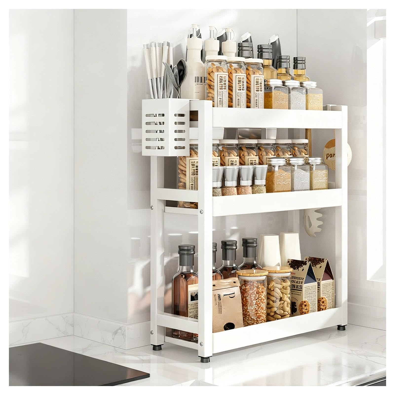 GLJTUO 3-Tier Spice Rack - Standing Desktop Storage Shelf with Hooks & Utensil Holder - Kitchen & Bathroom nization - White, 50cm Countertop Solution for Pantry Storage (White 3,White-3 Tier-30cm