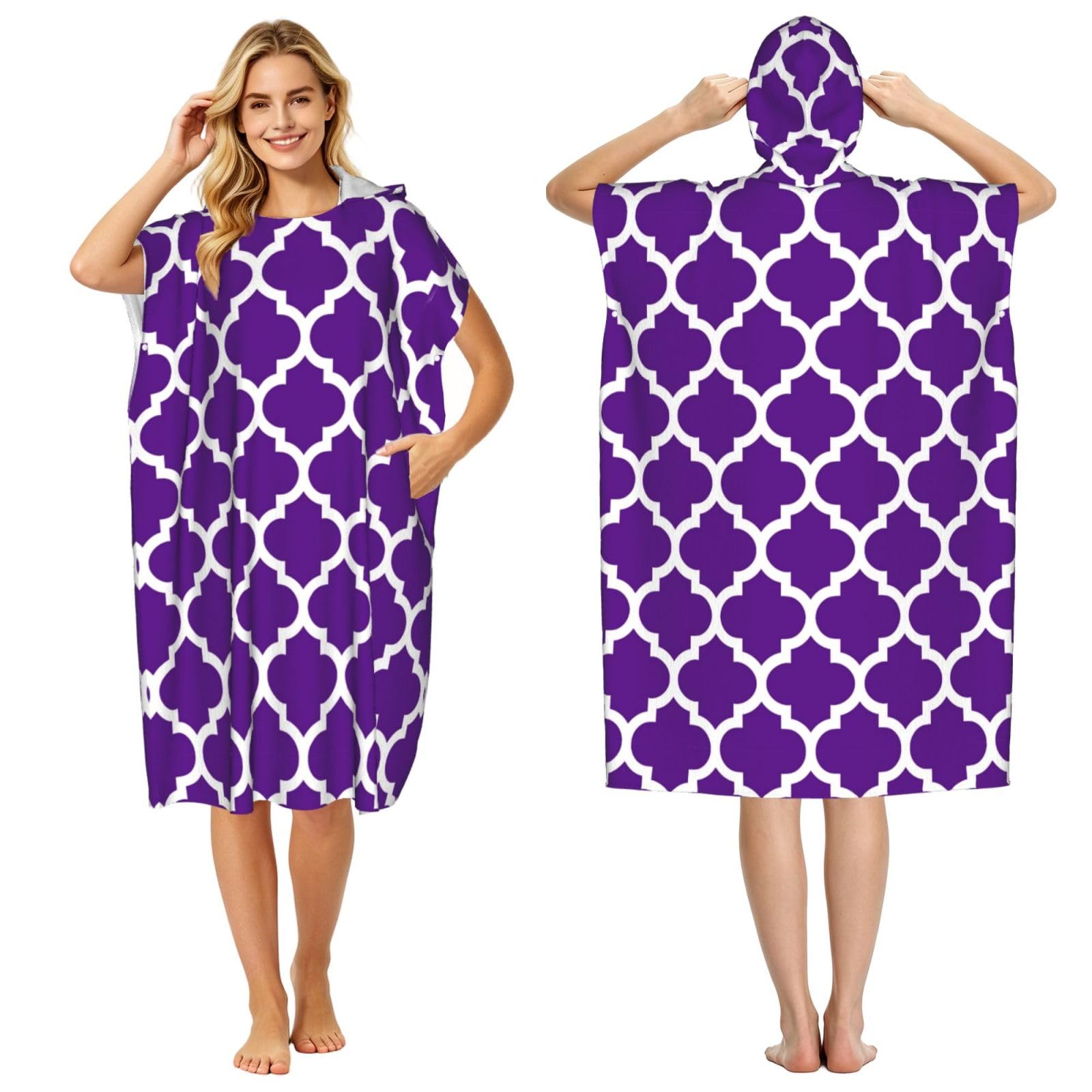 Poadnly Moroccan Quatrefoil Pattern Purple And White, Adult Hooded Beach Towel 90 x 110 cm,Changing Bath Robe, Surf Poncho Towel For Women Men