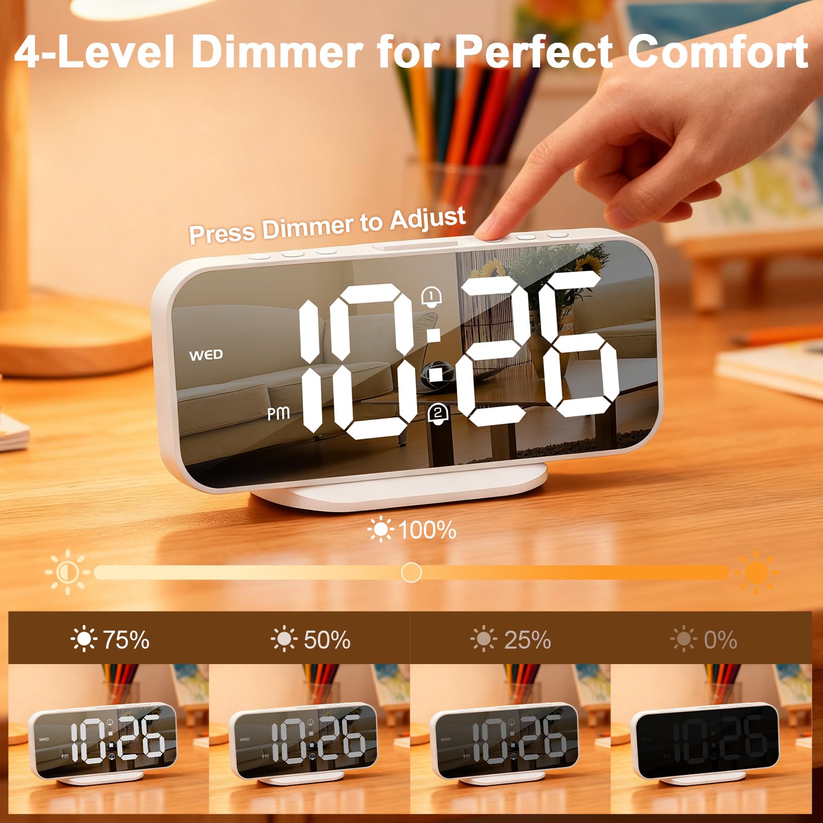 ALANAS Reloj despertador digital estético, pantalla de espejo grande con puertos de carga USB duales, alarmas duales, repetición, regulador ajustable de 4 niveles, para dormitorio, oficina, escritorio