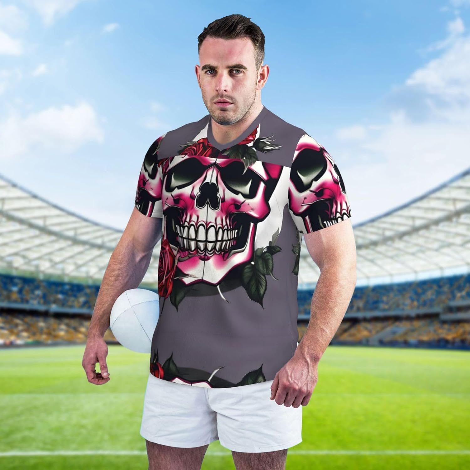 Rose Skull Rugby Football Jersey for Men, Comfortable V-Neck Loose Fit Top for Team Sports Athletics
