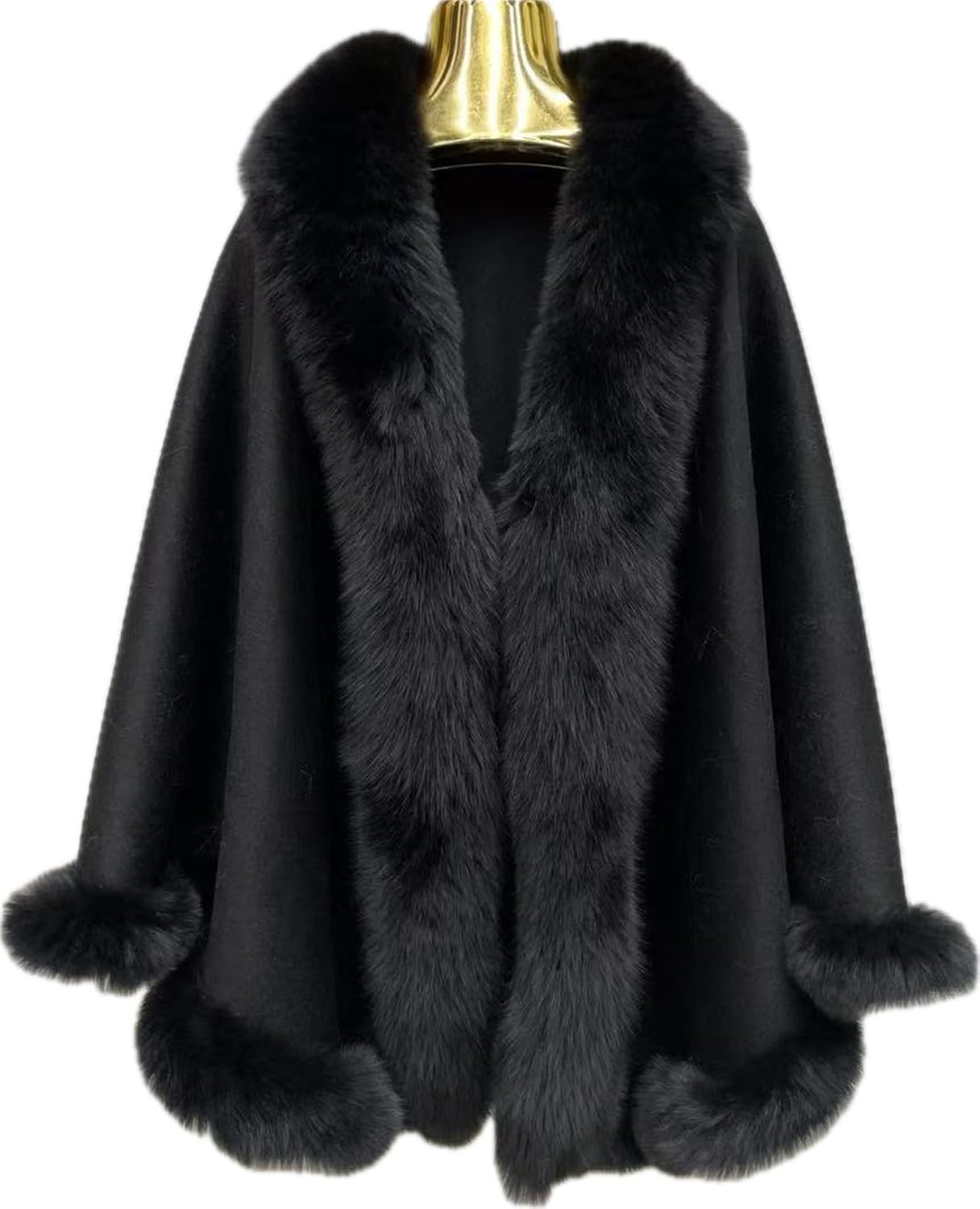 NU-96 Cape For Women Warm Outwear With Fluffy Real Fox Fur Collar Trim Wool Shawl Cloak Wrap - Image 2
