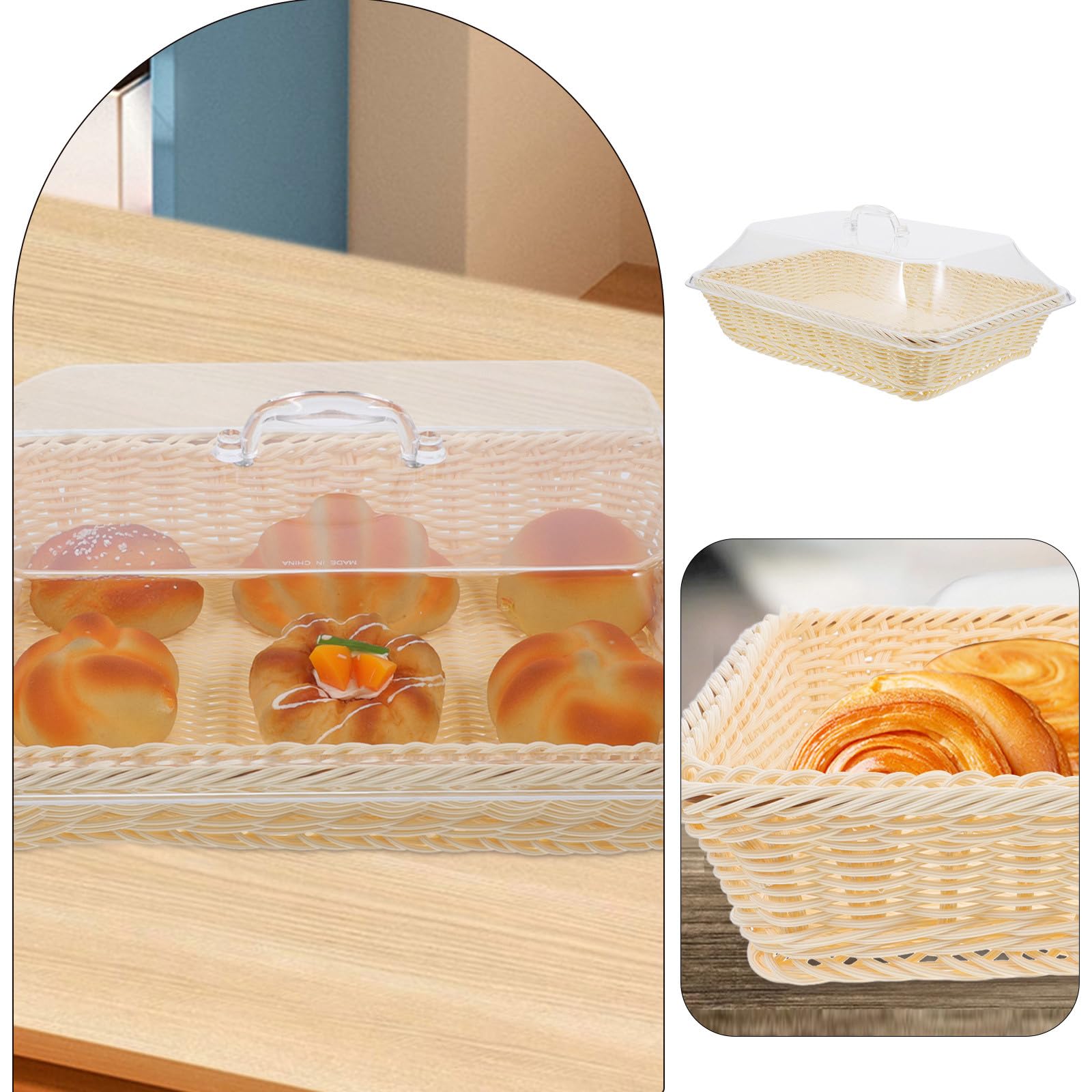 Panier de service tressé en polypropylène avec couvercle - Panier à fruits rectangulaire imitation rotin pour la décoration de table en boulangerie, cuisine, café ou ferme