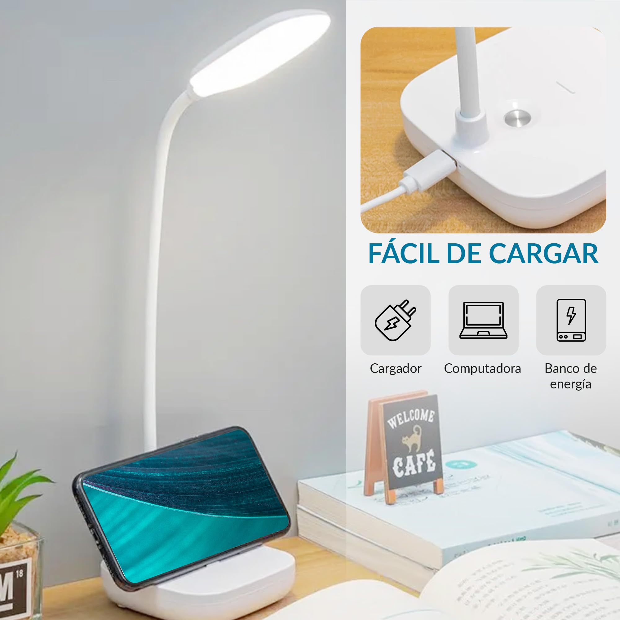 Lampara Escritorio LED, Flexo Led Escritorio Flexible, Lampara mesita noche sin cable, 3 Modos de Luz, Nivel De Brillo Ajustable con Control Táctil, Lampara Led Recargable Casa, Oficina y Estudio