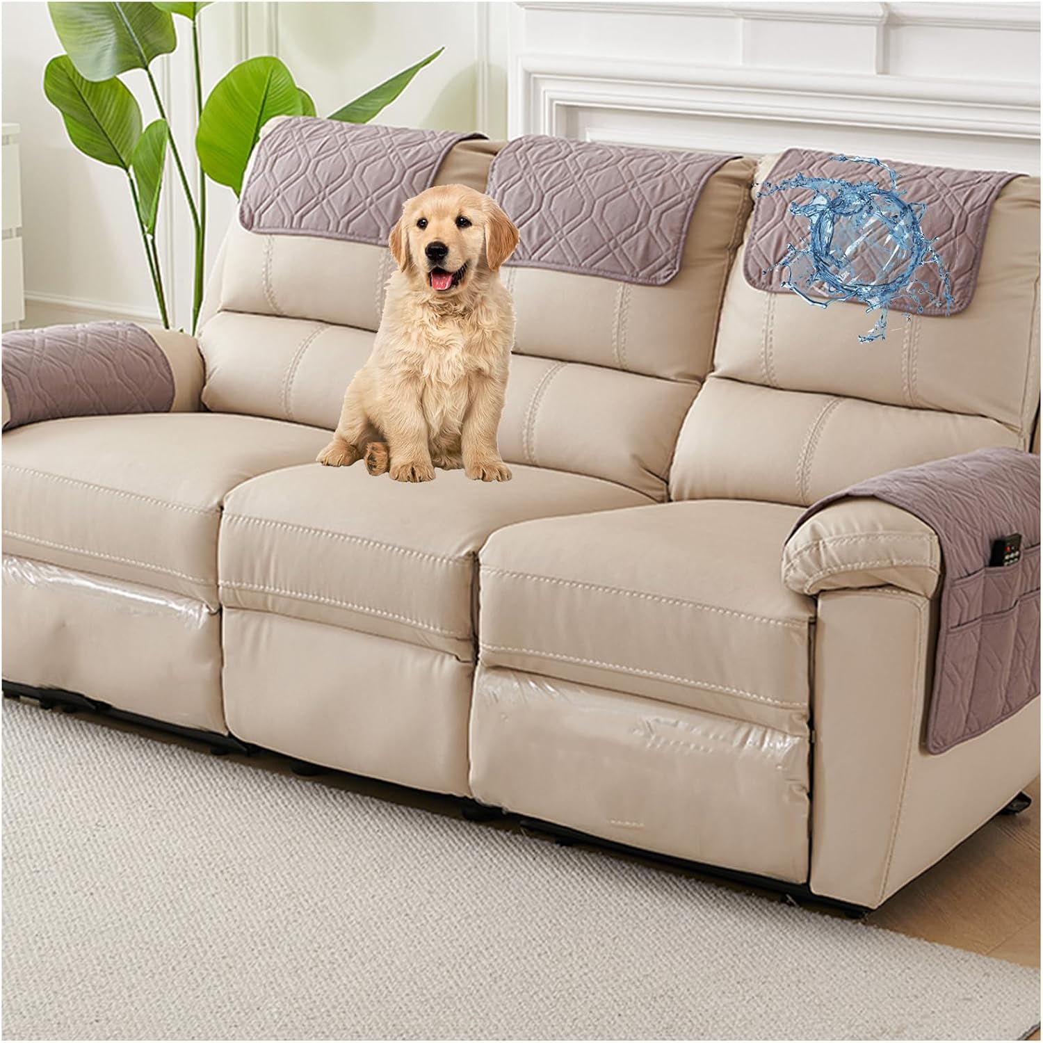 Sofa Armrest Cover with 8 Pockets 45 * 90cm 1 2 3 Seater Waterproof Armchair Headrest Cover Nonslip Slipcovers for Recliner Sofa (Red Gray,3 Seater 5PCS)