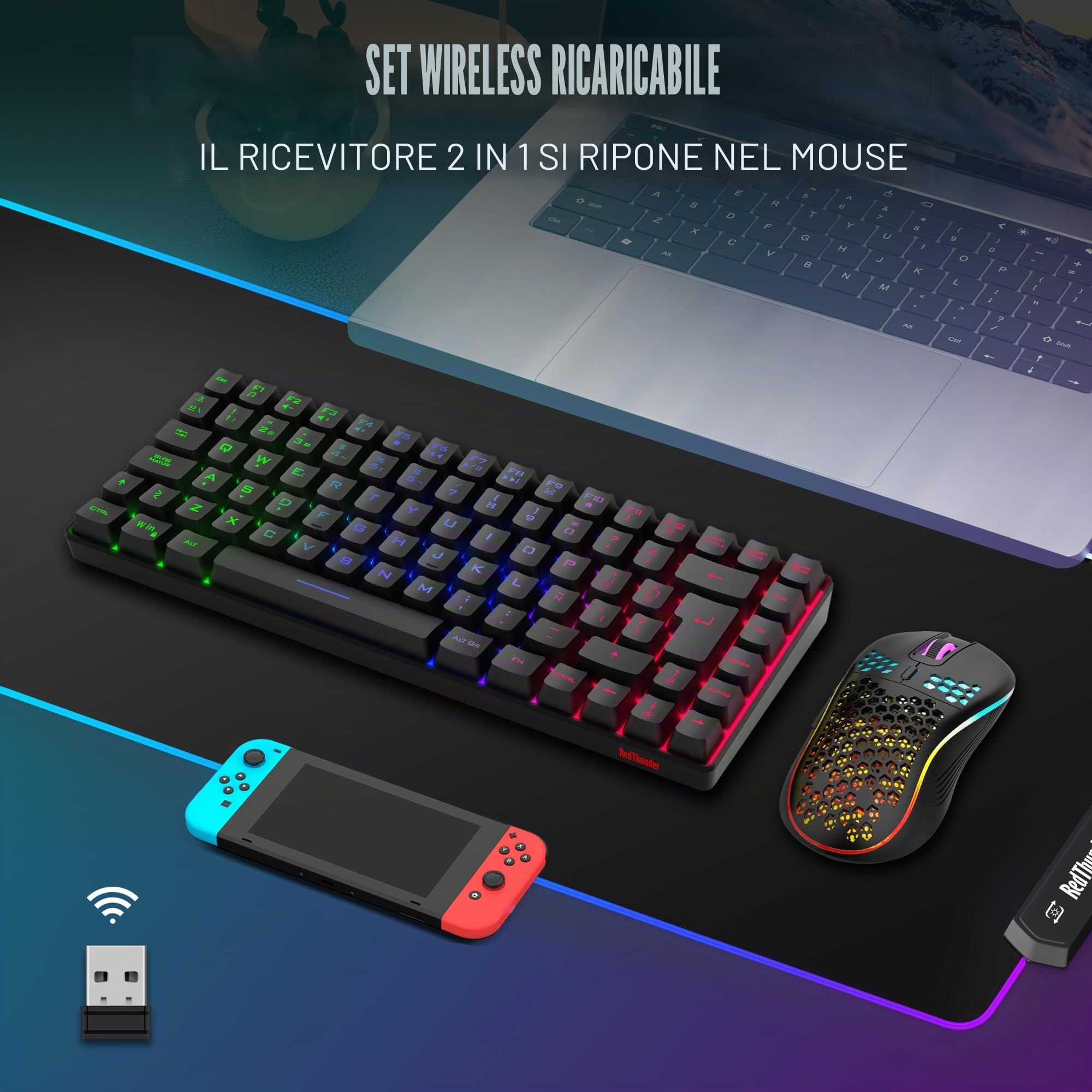 RedThunder 80% tastiera wireless Gaming,Retroilluminazione arcobaleno dinamico,Mouse cellulare leggero da 3200 dpi,Tastiera ultra-compatta 85 tasti anti-ghosting,layout è,per PC/PS5/Xbox
