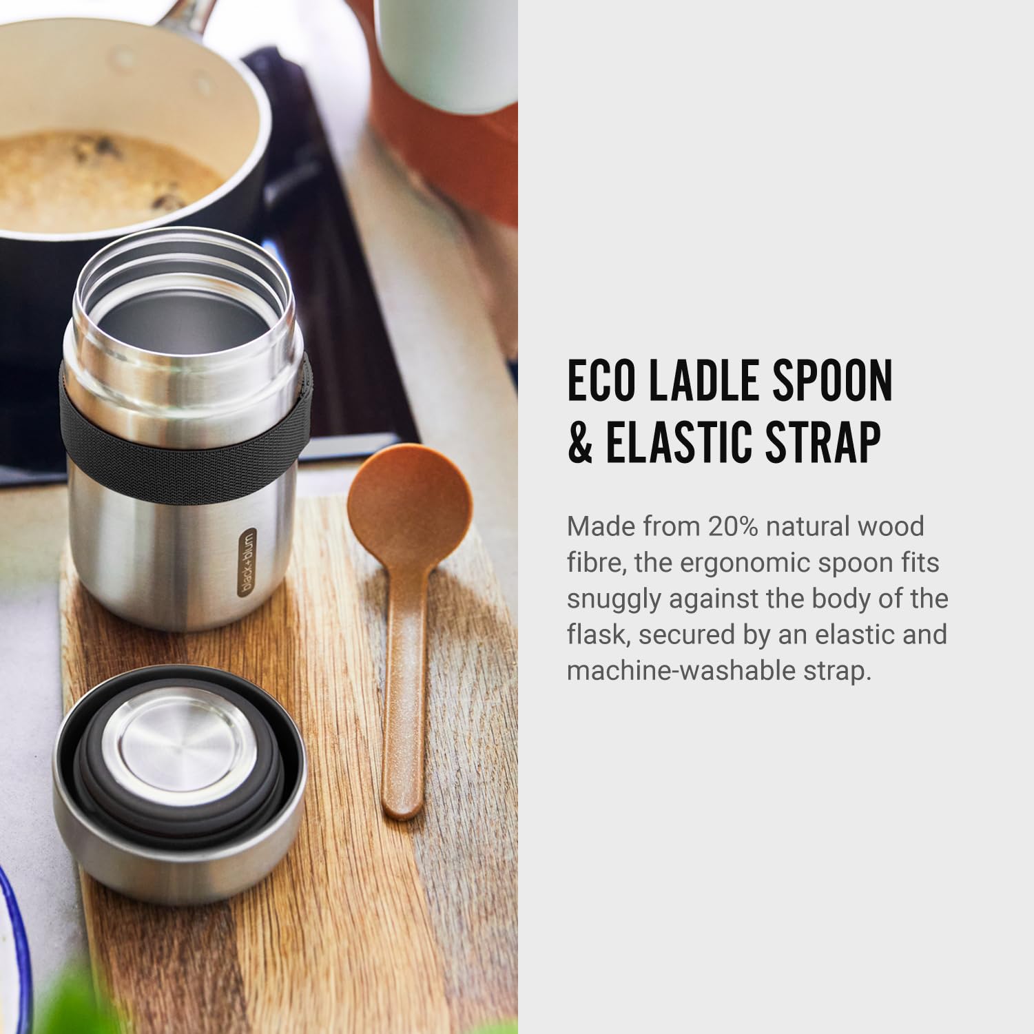 BLACK + BLUM - Termo para alimentos de acero inoxidable 304 aislado al vacío con tapa a prueba de fugas, correa de nailon y cuchara de fibra de madera natural, mantiene el calor durante 6 horas, frío