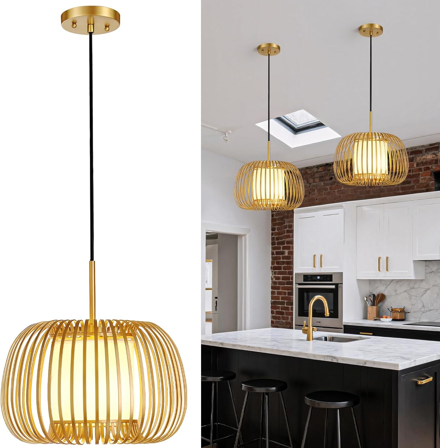 Gold Chandeliers Dining Light Fixture, 13.7" Modern Chandelier Drum Metal Frame Pendant Light, Adjustable Hanging Chandelier for Over Table Kitchen Island Living Dining Room Entryway(1 Pack)