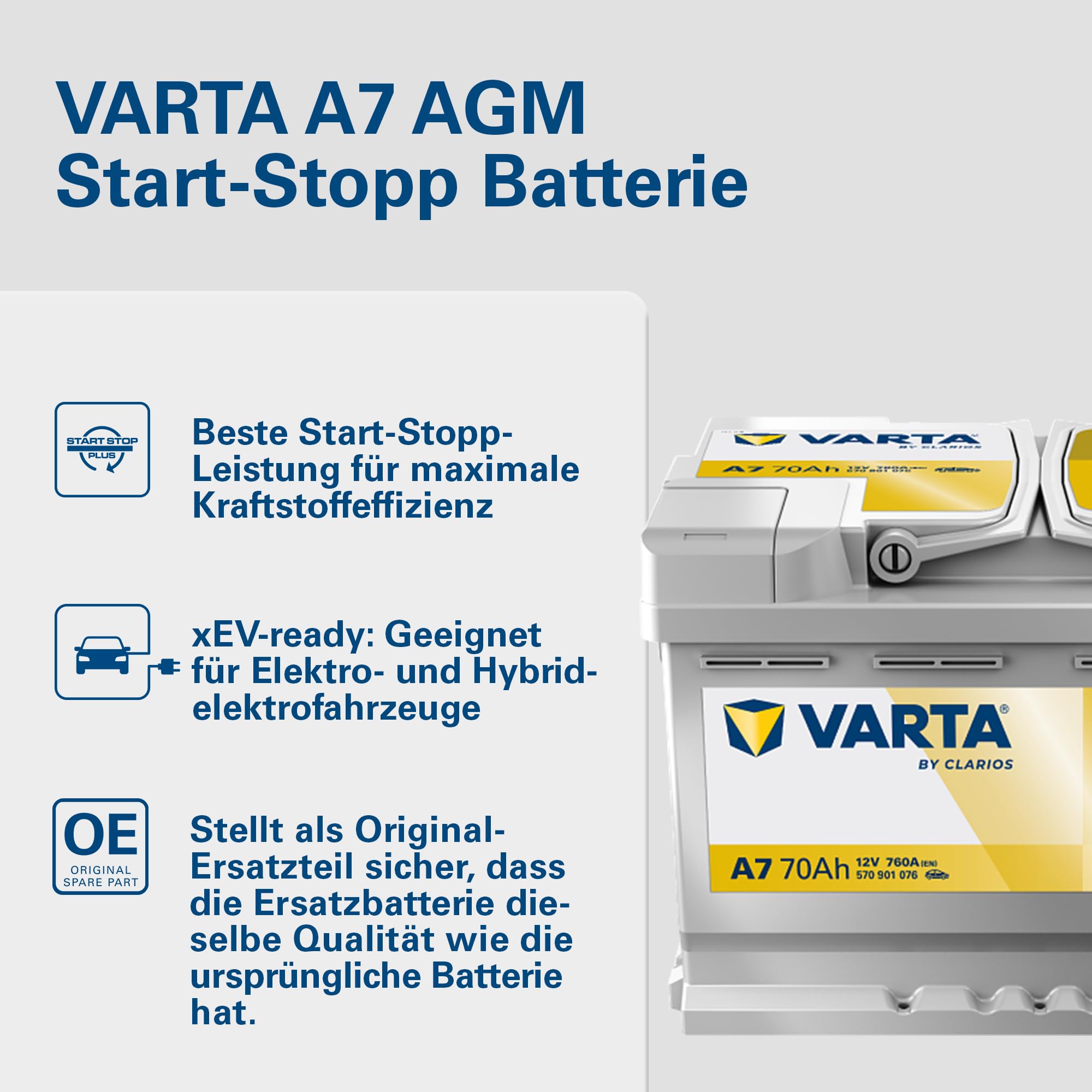 VARTA Automotive DYNAMIC AGM (A7) 12V 70Ah 760A - Nassbatterie für Start-Stopp Systeme und xEV - Starterbatterie für Autos mit höherem Energiebedarf - Wartungsfreie Bleisäurebatterie