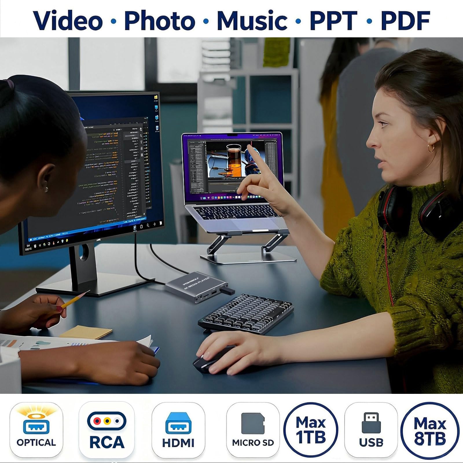 Lettore multimediale digitale HD 4K, lettore video MP4 TV per unità USB/scheda Micro SD, segnaletica digitale, riproduzione automatica, H.265/HEVC, uscita ottica/HDMI/AV, grigio