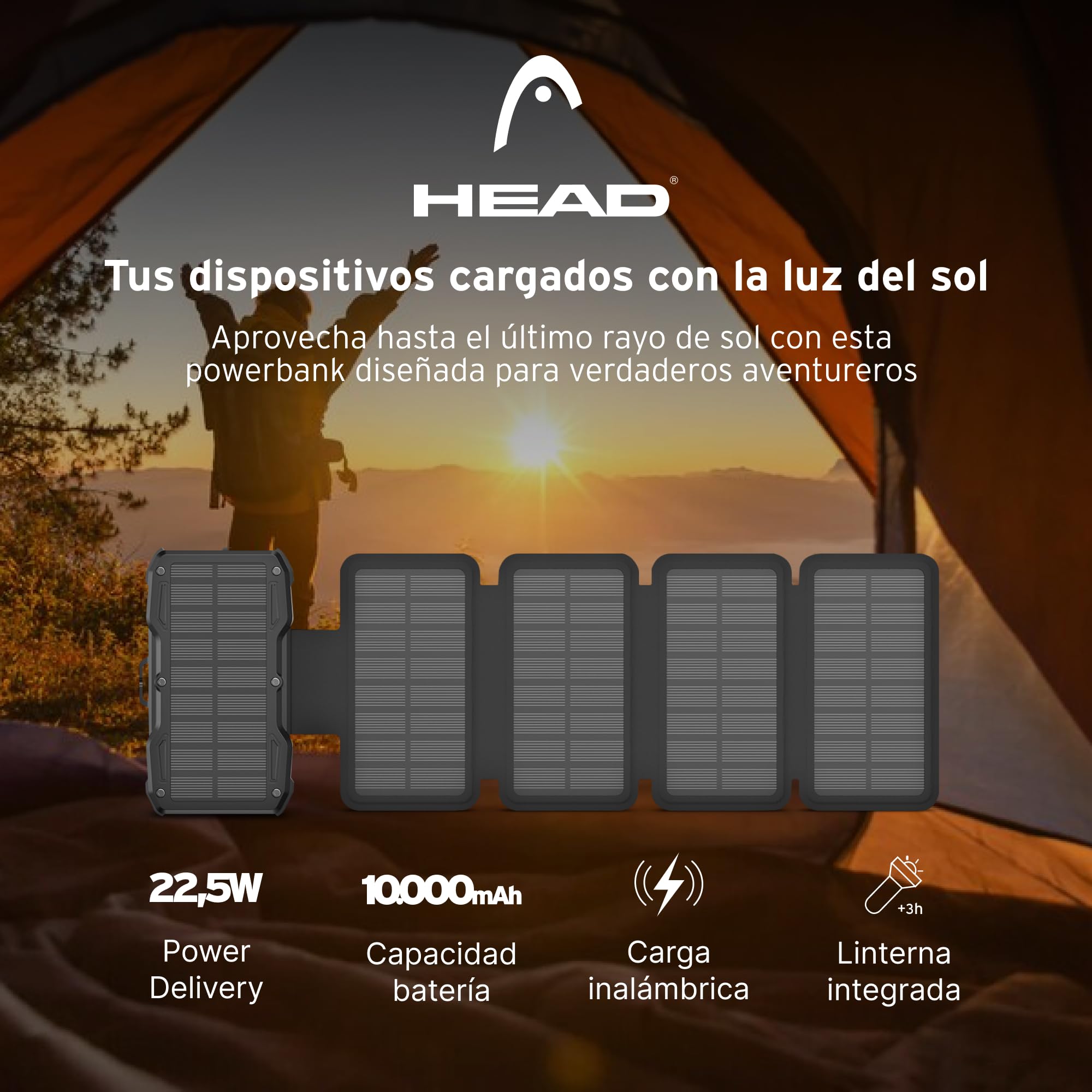 HEAD Power Bank 10000mAh con Linterna, Batería Externa Carga Rápida con Energía Solar, Cargador Portátil Inalámbrico para iPhone y Android, Power Bank USB-C con Diseño Plegable y Cable Incluido