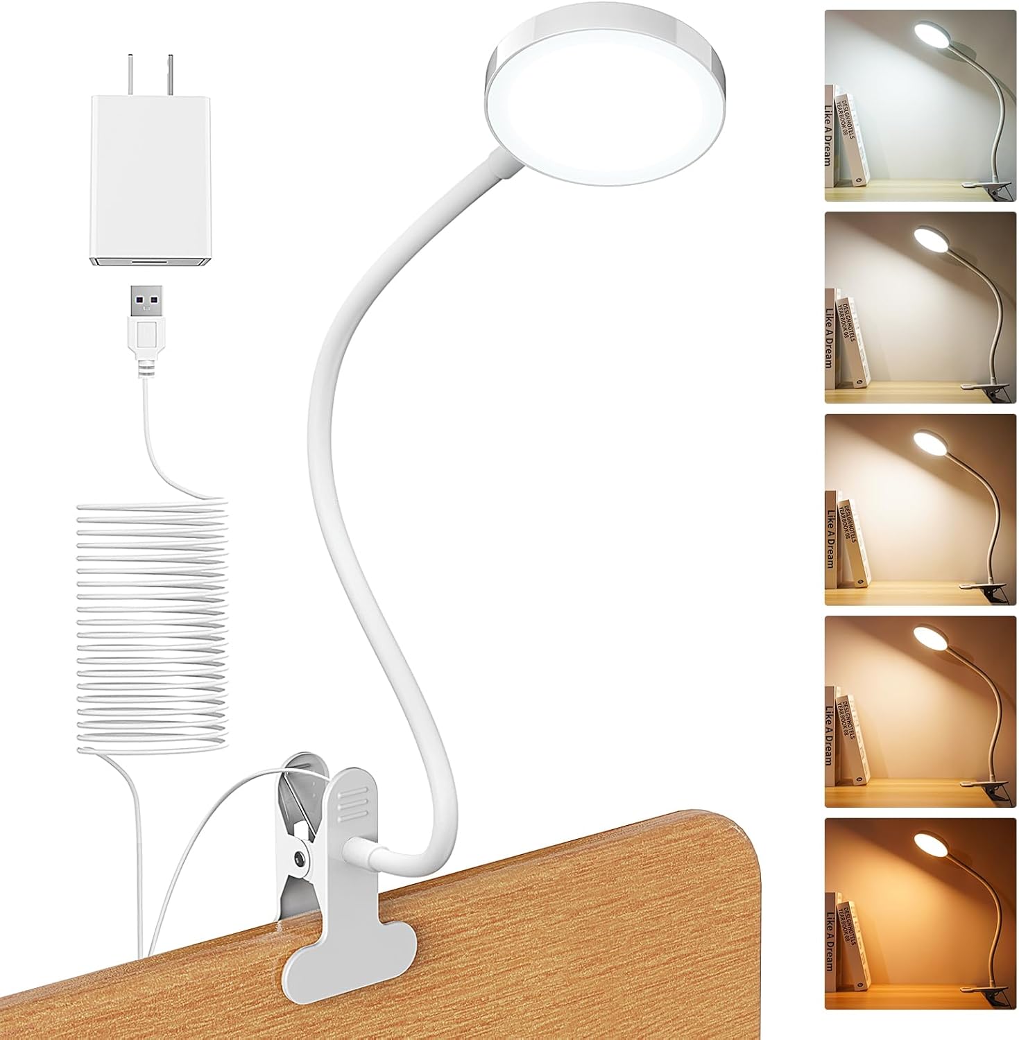 Bed Lamp Clip on Light 8W 66 LED Reading Light for Bed, 5 Colors 10 Brightness Dimmable, Eye Caring Metal Reading Lamp, Clip lamp for Bed Headboard Desk Home Office Dorm(White)