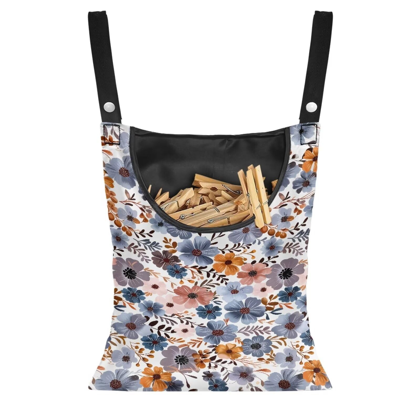 CREAMIC Blue Flowers Clothespin Organizer Bag Hanging Laundry Bag Portable Clothespin Storage with Hanger Hook 2 Ropes for Hanging and Effortlessly