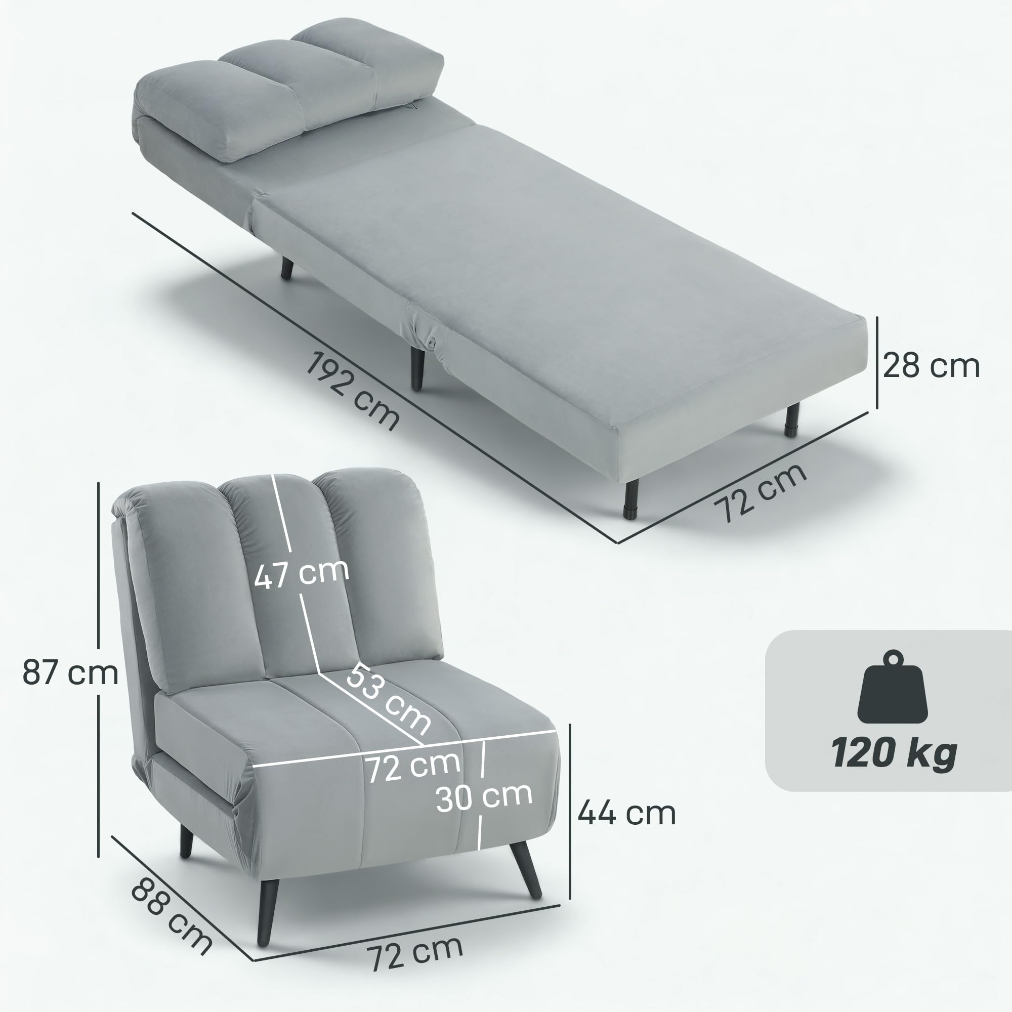 HOMCOM Sofá Cama de 1 Plaza 3 en 1, Sofá Cama Plegable Tapizado en Terciopelo con Respaldo Ajustable en 3 Niveles, Cojín Grueso para Dormitorio, Salón, Oficina, Fácil Montaje, 72x88x87 cm, Gris