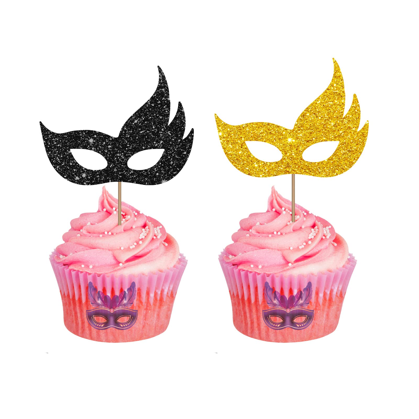 24PCS Masquerade Masks Cupcake Topper, Baby Shower Party Decor, Masked Ball Dessert Picks, Masquerade Mardi Gras Party Decoration - Gold & Black Glitter