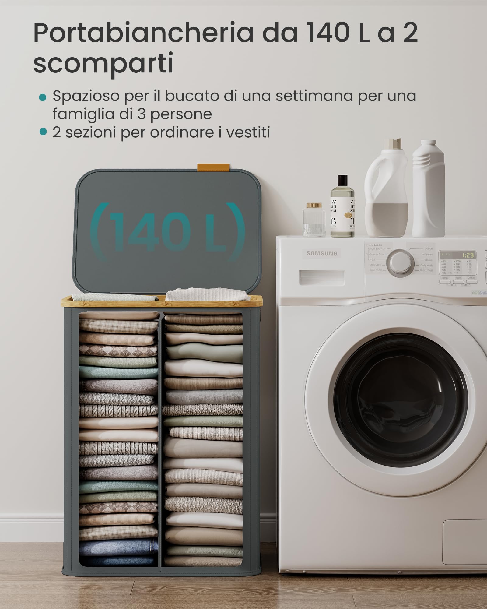 SONGMICS Cesto Portabiancheria con Coperchio, Porta Biancheria a 2 Scomparti Pieghevole, Tessuto Oxford, Telaio in Bambù, Lavanderia, 140 L, 52 x 38,5 x 70,5 cm, Grigio Ardesia LCB519GN01 - 5