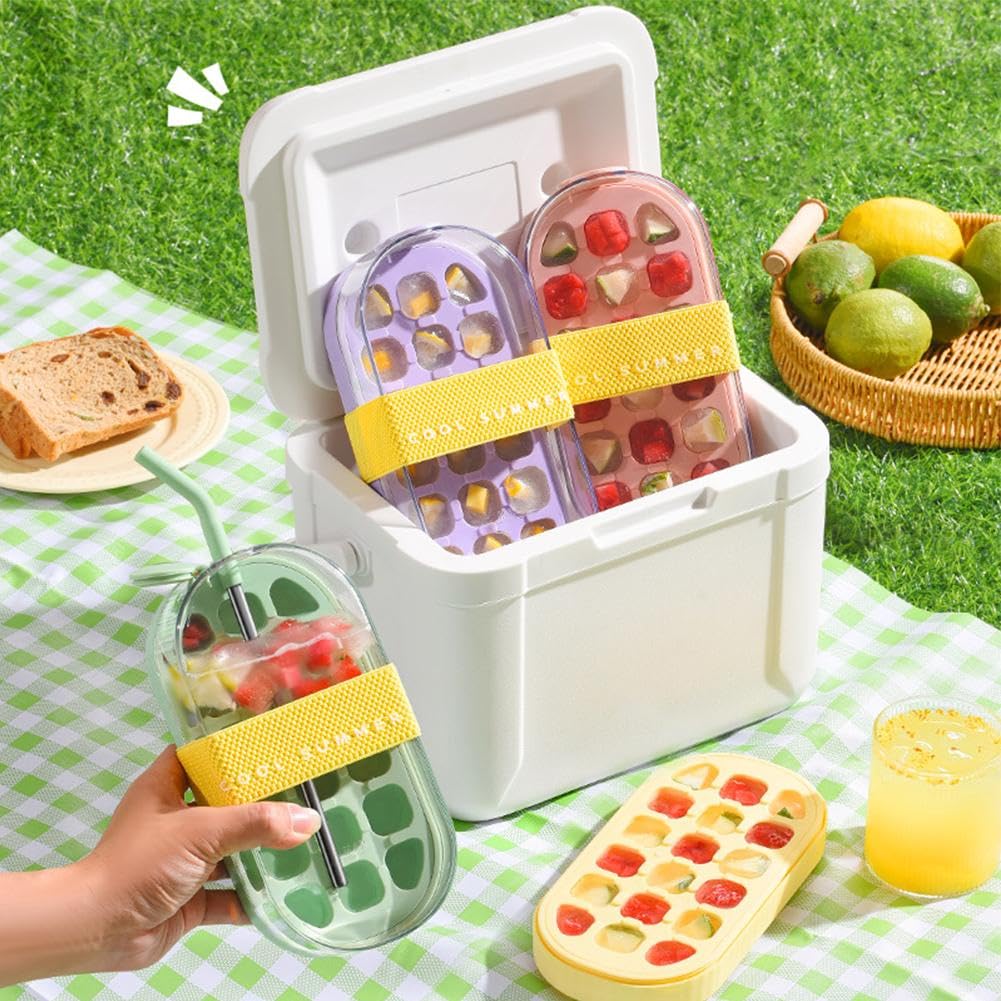 Eiswürfelflasche & Maker Tablett, 2 in 1 Wasserflasche mit Strohhalm & Deckel für Zuhause, Küche, Reisen, Outdoor, Camping, Wandern, Picknick, Party & Fitnessstudio, perfekt für kalte Getränke