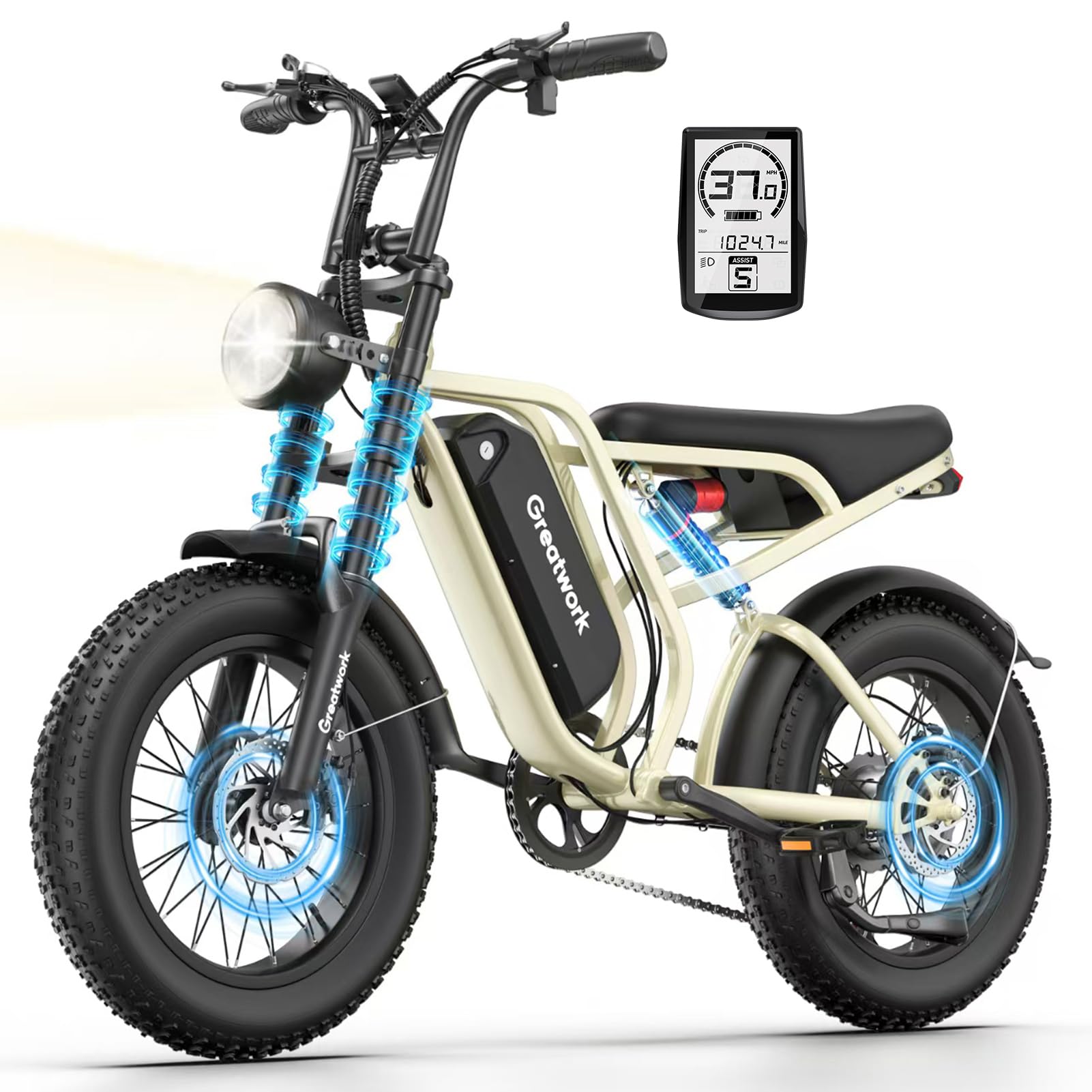 GREATWORK 2500W Peak Electric Bike for Adults, 1200Wh Removable Battery, Max 37MPH & 100 Miles Electric Dirt Bike with Full Suspension, 20"x4" Fat Tire Motorcycle Style Commuter Ebike for Men Women