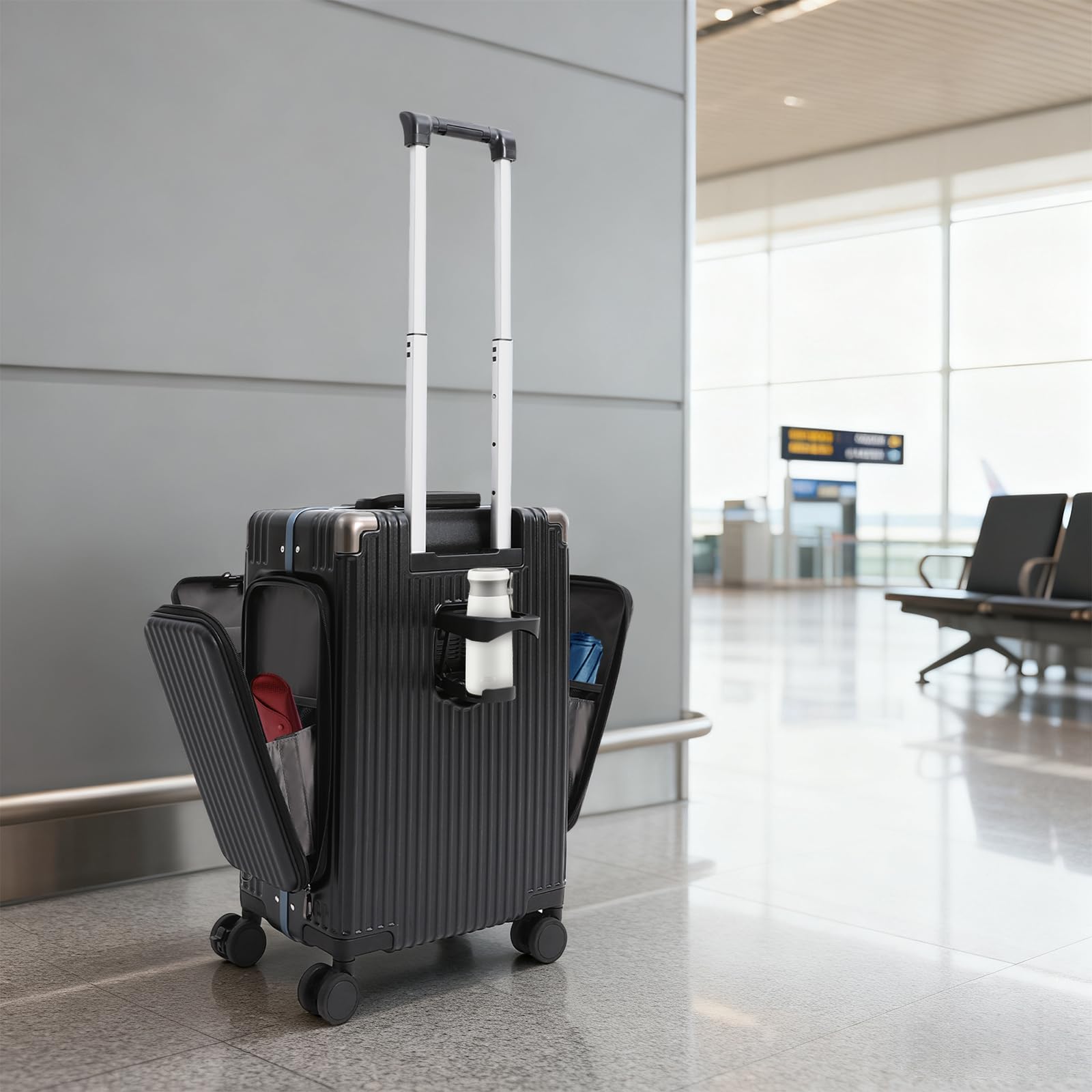Wielofunkcyjna walizka podróżna na kółkach, trzy otwory, z uchwytem na napoje, zamkiem szyfrowym, portami USB i typu C, nośność ok. 75 kg, czarny, 20 Zoll, Nowoczesny