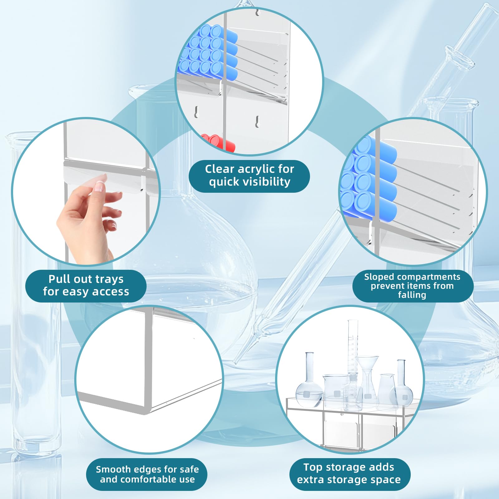 Estante acrílico para tubos de ensayo, soporte organizador transparente con 4 compartimentos, almacenamiento inferior adicional y 2 bandejas extraíbles, montaje en pared o encimera para laboratorio