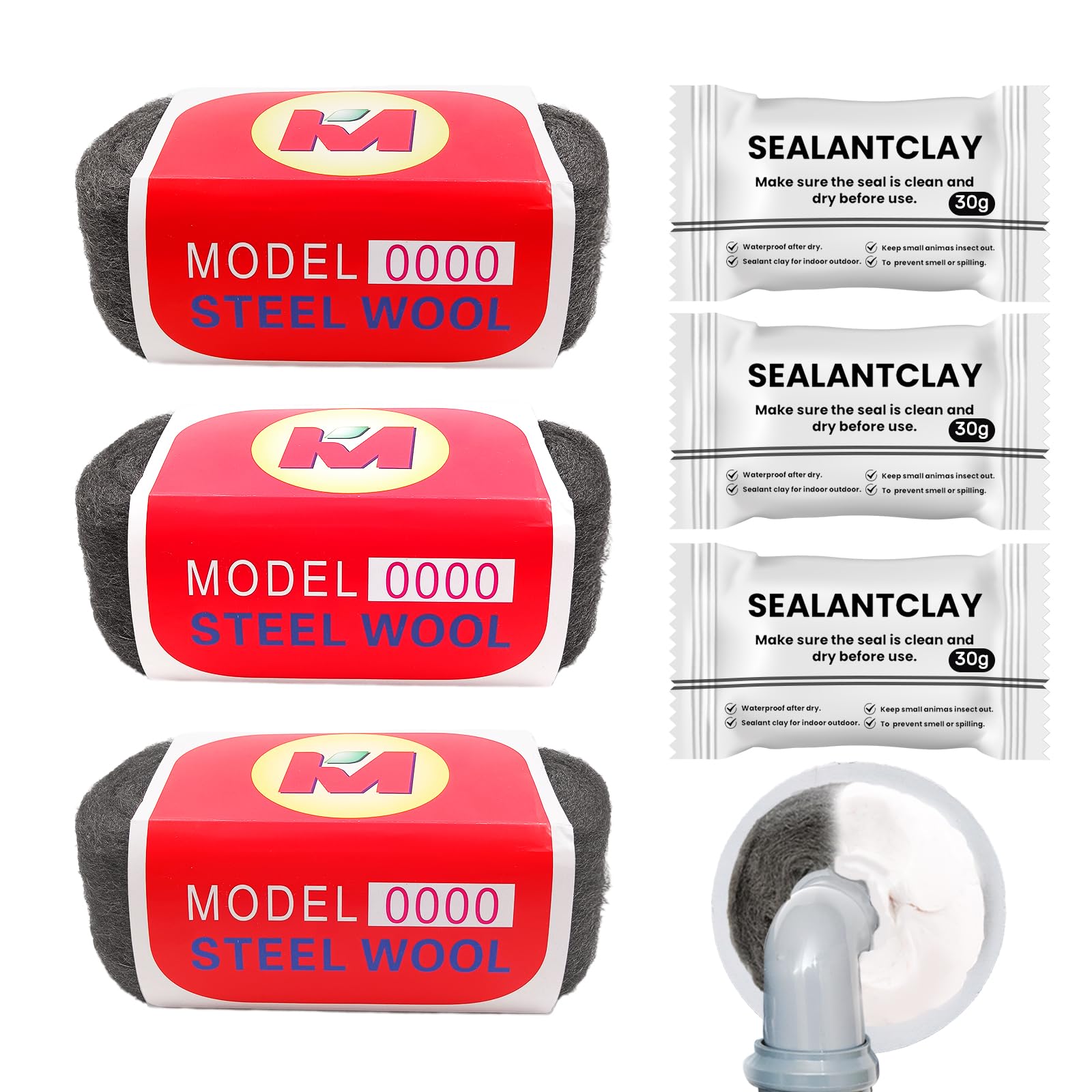 Daily Treasures 3pcs Steel Wool with Seal Putty, Prevent Steel Wool Mice Control Rust White Wall Seal Mud, Sharp to Prevent Rodents Excluder Mesh,