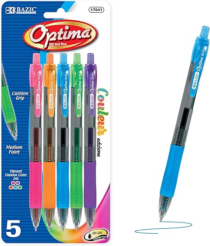 BAZIC - Bolígrafo retráctil de tinta de gel de aceite, colores brillantes, punta media de 0.028 in, agarre suave, escritura suave, (paquete de 5),