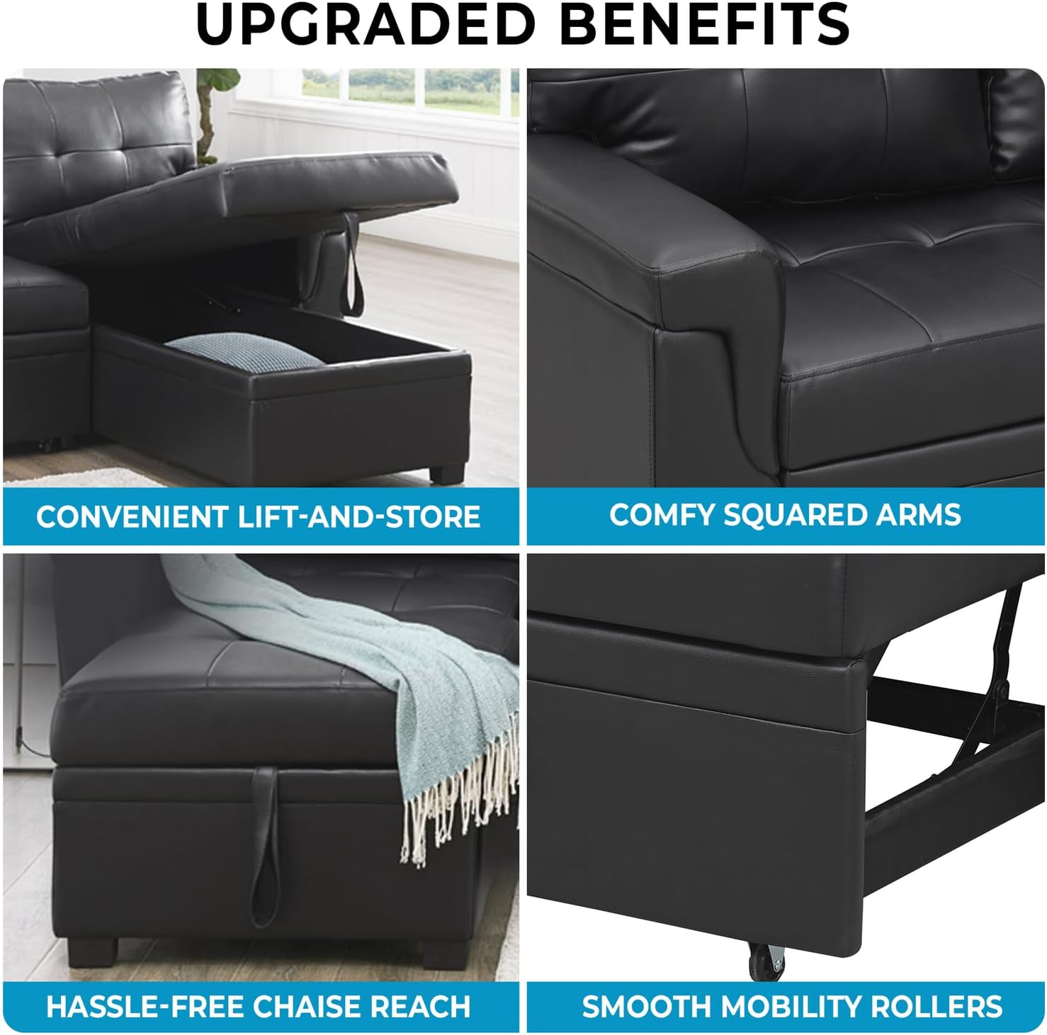 Naomi Home L-Shaped Reversible Sectional Sofa with Pull-Out Sleeper Bed and Storage Chaise, Black Air Leather