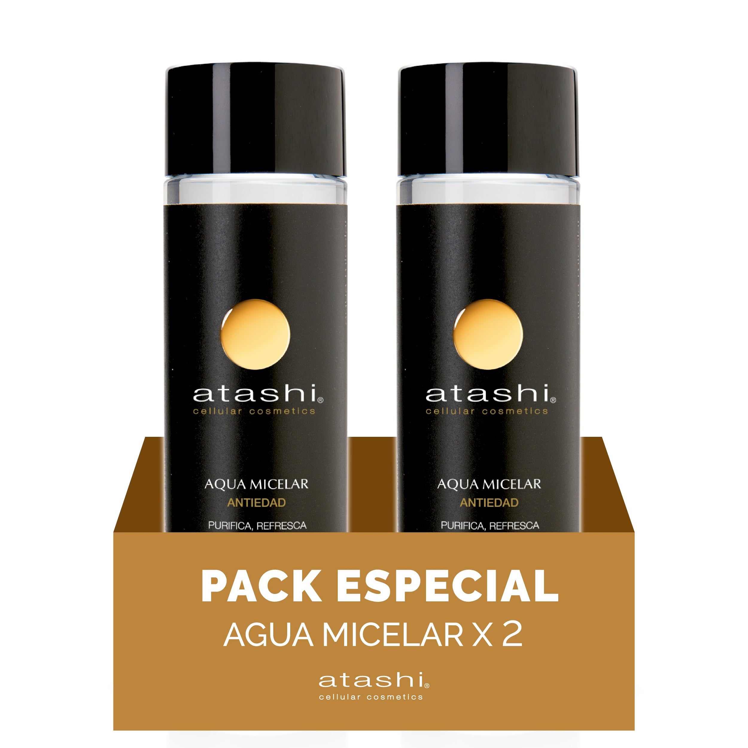 atashi Antiedad - Agua Micelar | Purifica, Refresca y Tonifica | Piel Sensible | Desmaquilla Rostro, Ojos y Labios | Micelas de Origen 100% Natural | Extractos BIO de Limón con Vitamina C - 250ml (x2)