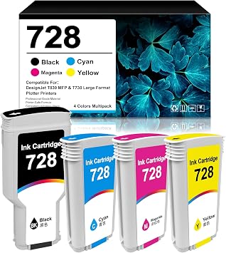 728 Ink Cartridges 4-Pack 300ml Matte Black / 130ml Cyan/Magenta/Yellow Compatible HP 728 Ink Cartridge F9J68A F9J67A F9J66A F9J65A for DesignJet T830 MFP & T730 Large Format Plotter Printer