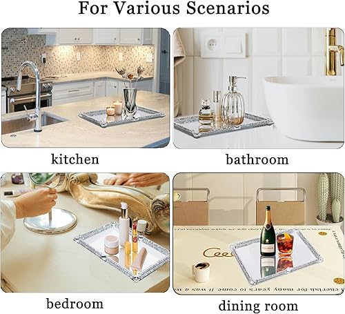 Miniatura 6 de Bandeja de vidrio de cristal, bandeja de maquillaje y perfume de espejo plateado con diamante triturado de 11.8" x 7.9", bandejas de joyería