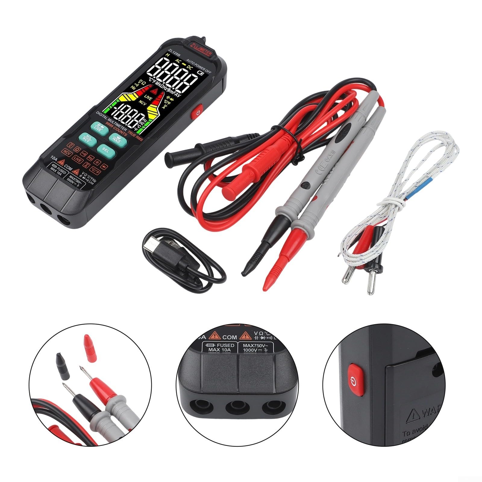 Multímetro digital True RMS 9999 Counts, NCV Live Line Tester con pantalla LCD, medidor de resistencia de capacidad de temperatura para ZL128B(ZL128B)