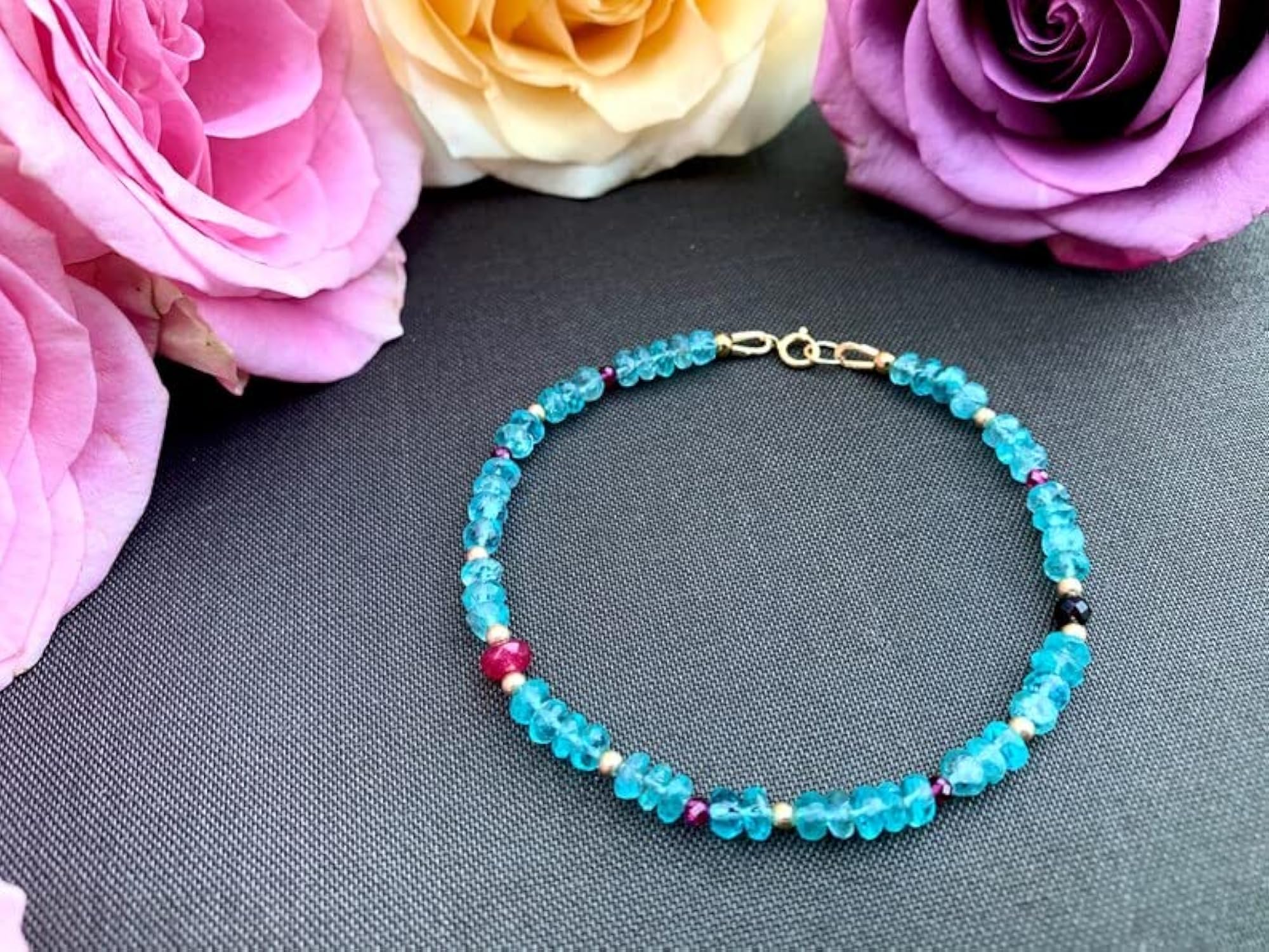 Apatite With Ruby Bracelet, Silver Plated Clasp