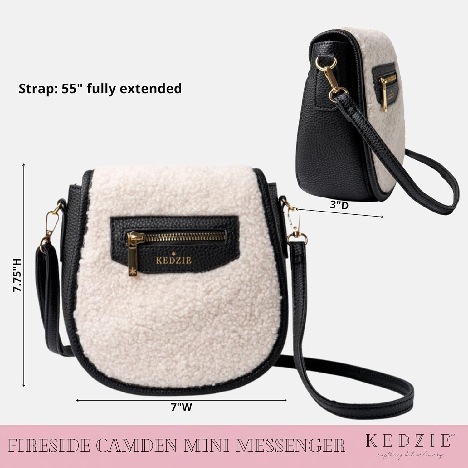 KEDZIE Crossbody Bag for Women Mini Messenger in Vegan Leather Faux Shearling Handbag Shoulder Bag Adjustable Strap - Image 4