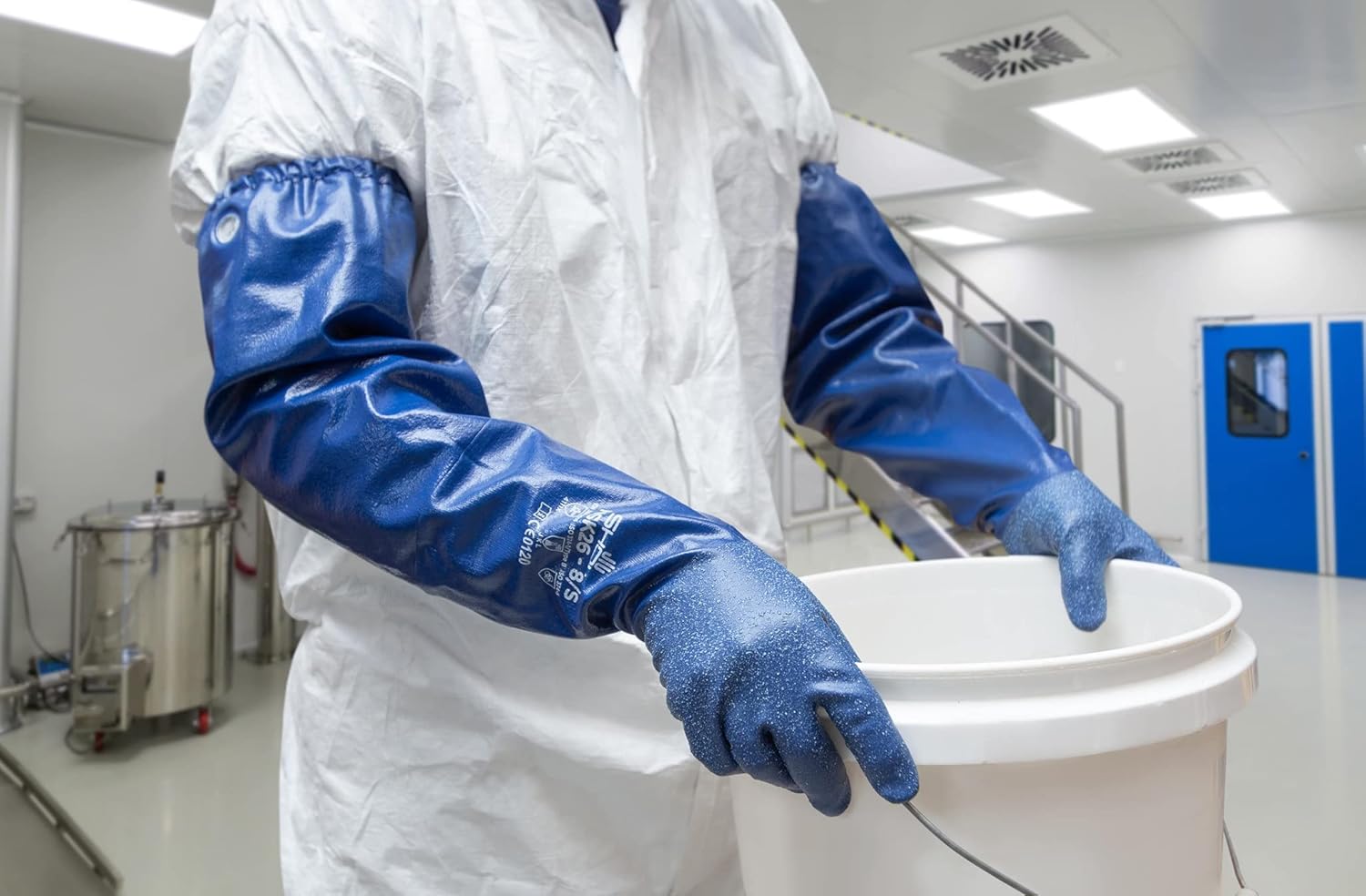 SHOWA NSK 26 Full Arm Biodegradable Nitrile Chemical Resistant Safety Glove with Cotton/Poly Liner, Food Safe, 26" Length, Large (12 Pair)