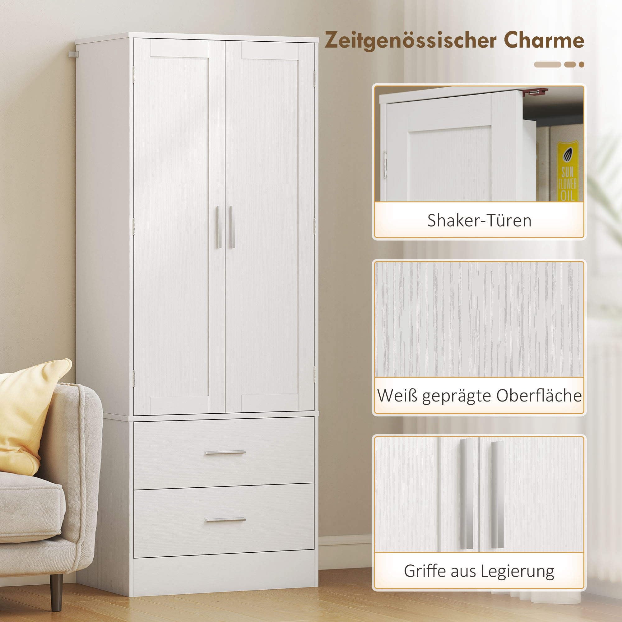HOMCOM Küchenschrank Buffetschrank mit 2 Türen, 8 Türregalen, 2 Schubladen Hochschrank mit Verstellbaren Einlegeböden, Moderner Vorratsschrank für Wohnzimmer Weiß, 60 x 40 x 159 cm