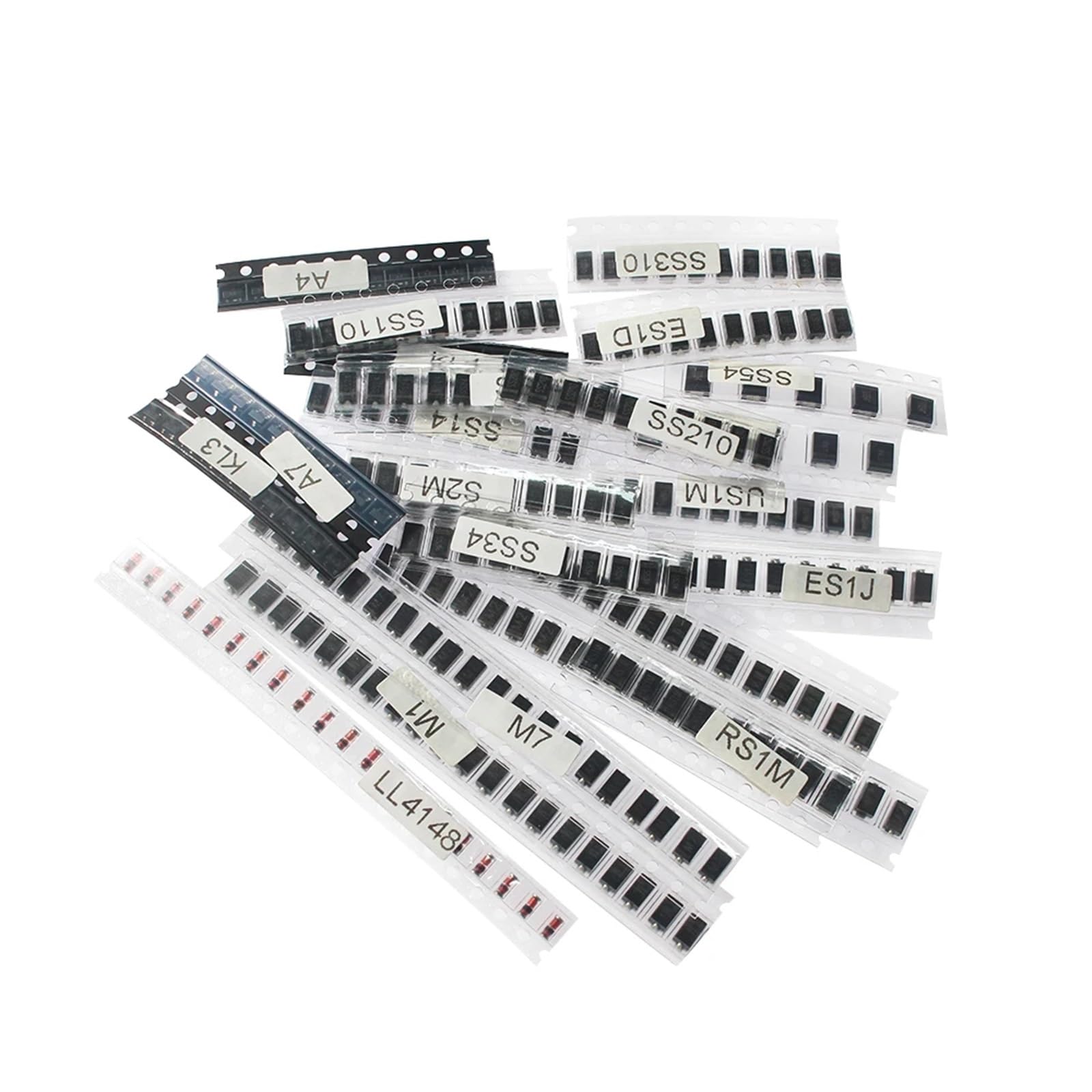 Kit surtido de 260 diodos conmutación y rectificadores Schottky: M1, M2, M4, M7, S2M, RS1M, US1M, ES1D, SS14, SS110, SS34