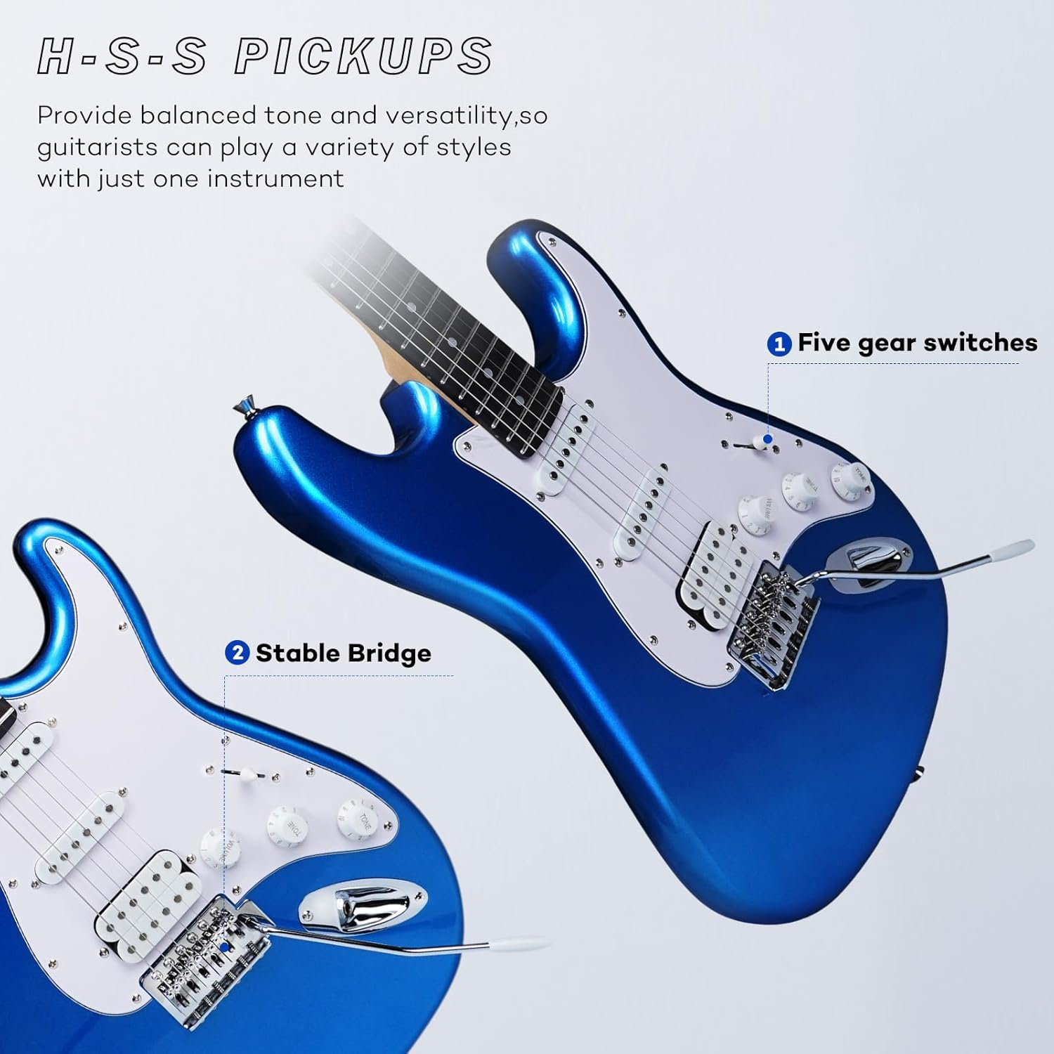 Tostar Electric Guitar Kit with Amp SSS Beginner Electric Guitar with Gig Bag,Capo,Tremolo, Strap, Picks Stratocaster 39" Full Size Electric Guitars Heavy Metal 6 String for Gifts Lake Placid Blue