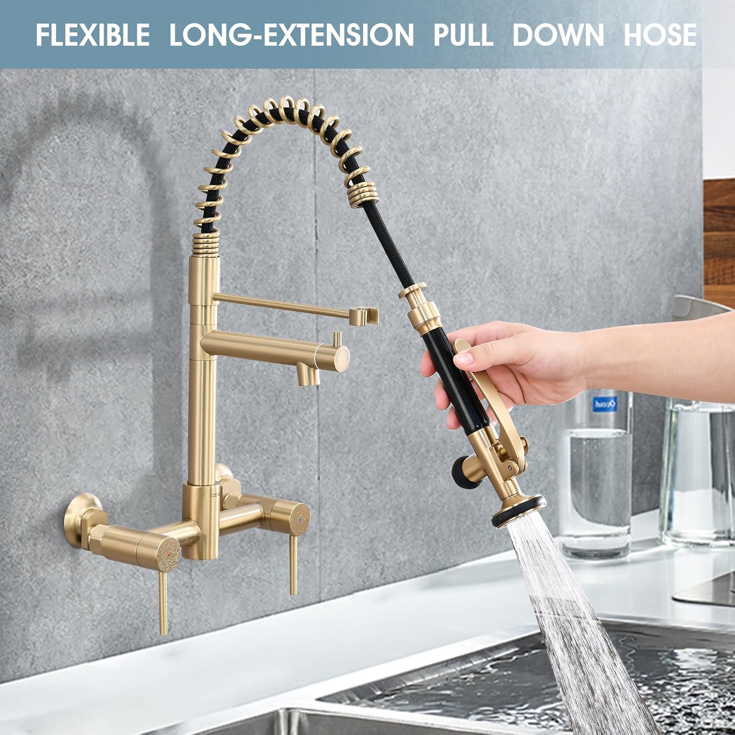 Wall Mount Kitchen Faucet with Pull Down Sprayer, 8 Inch Center Kitchen Sink Faucet, Heavy-Duty Commercial Wall Mount Faucets, 2 Handle Faucet for Kitchen Sink, Brushed Golden