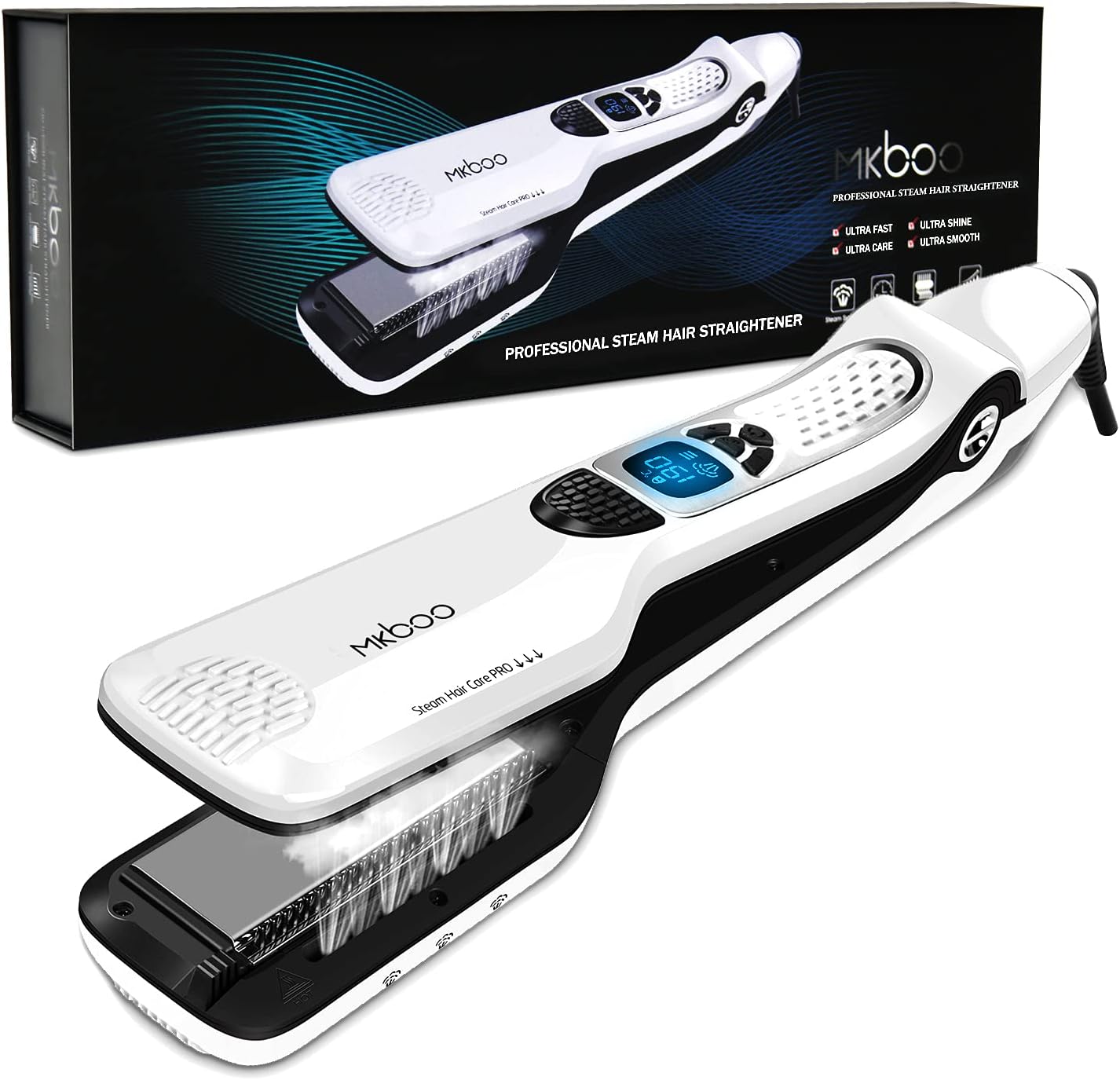 MKBOO Hair Straightener with Steam,Salon Professional Nano Titanium Ceramic Steam Flat Iron with Removable Comb+Digital LCD+5 Level Adjustable Temperature+Auto Temperature Lock White